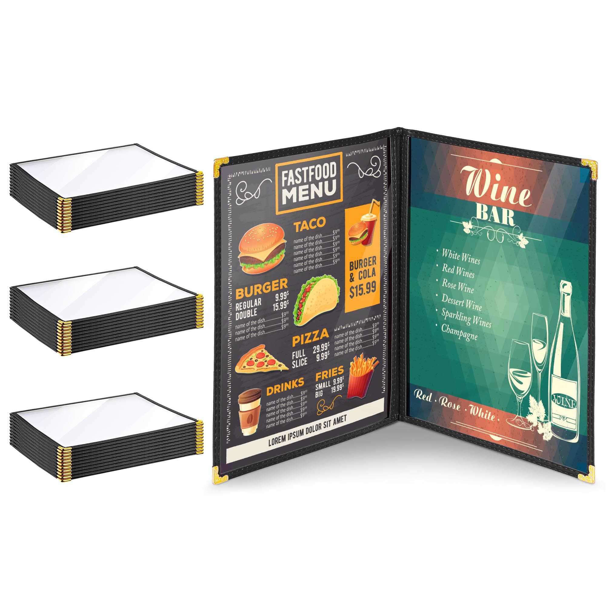 WeChef 30 Pack 8.5" x 11" Restaurant Menu Covers Double Fold 2 Pages 4 Views Transparent Restaurant Menu Covers Holder Black