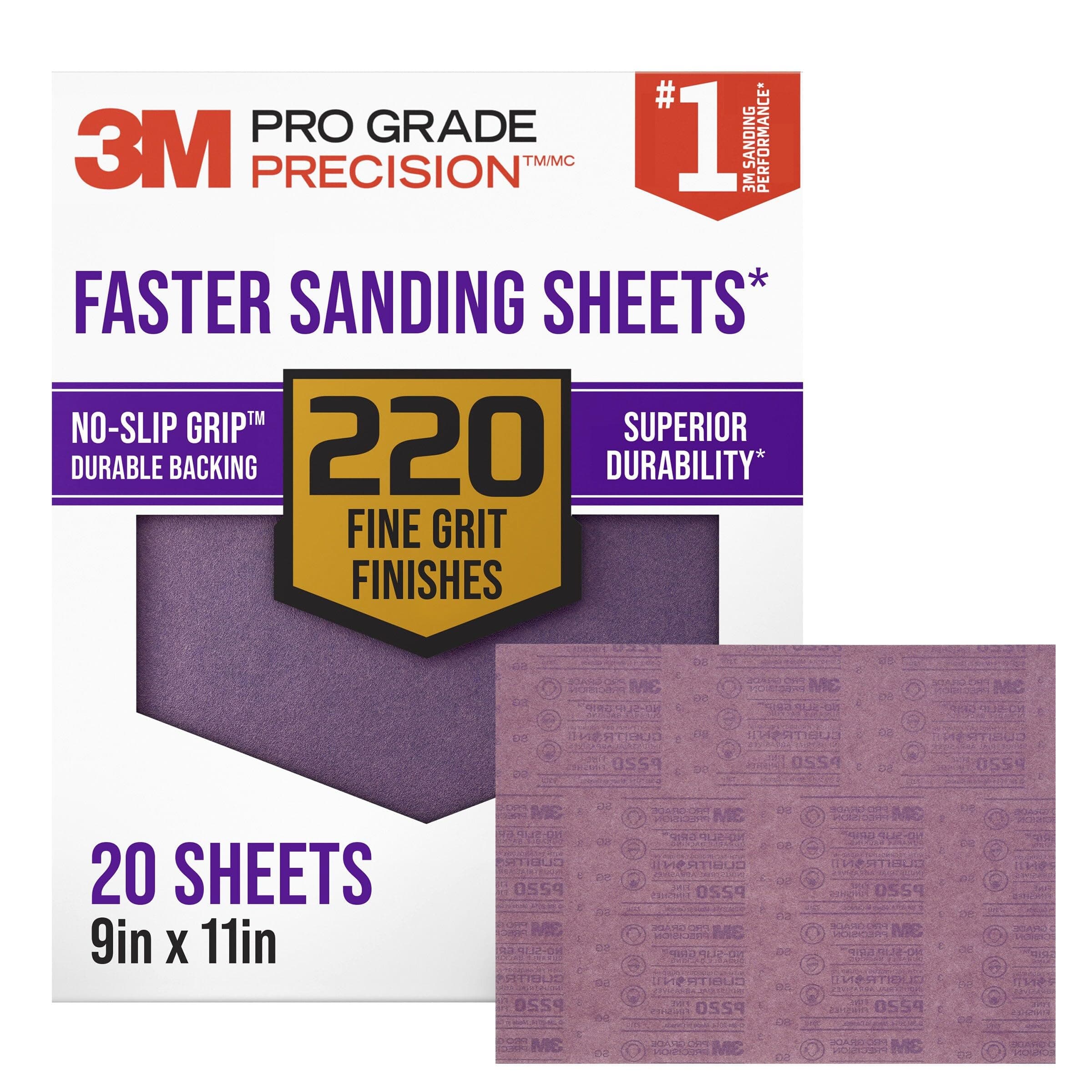 3M Advanced Sandpaper, 20 Sheets, 220 Grit, 3M Pro Grade Precision, Features No-Slip Grip Backing, 9-in x 11-in, For Sanding Wood, Drywall, or Metal, Can be Used on Wet or Dry Surfaces (26220CP-P-G)