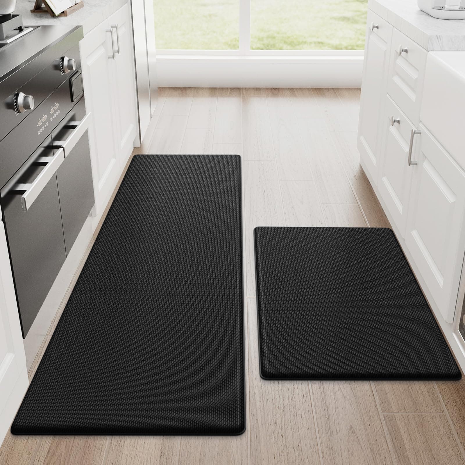 StepRite Kitchen Mats, 2PCS Kitchen Rugs, Cushioned Anti Fatigue Kitchen Mats for Floor, Non-Slip Standing Desk Mat, Waterproof Kitchen Rug Set for Kitchen, 20" x 32"+20" x 48"-0.4 inch Thick, Black