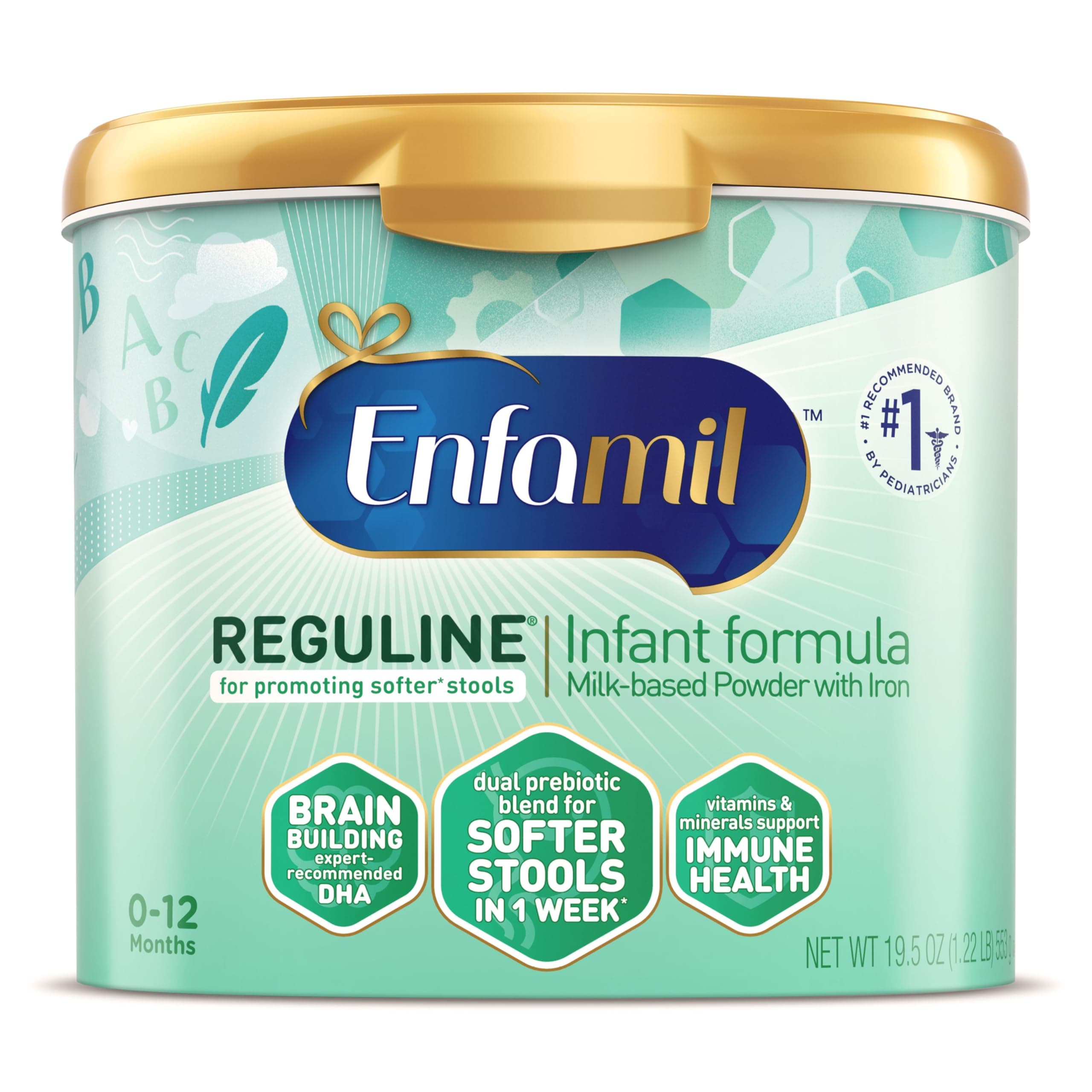 Enfamil Reguline Baby Formula, Designed for Soft, Comfortable Stools, with Omega-3 DHA & Probiotics for Immune Support, Reusable Powder Tub, 19.5 Oz