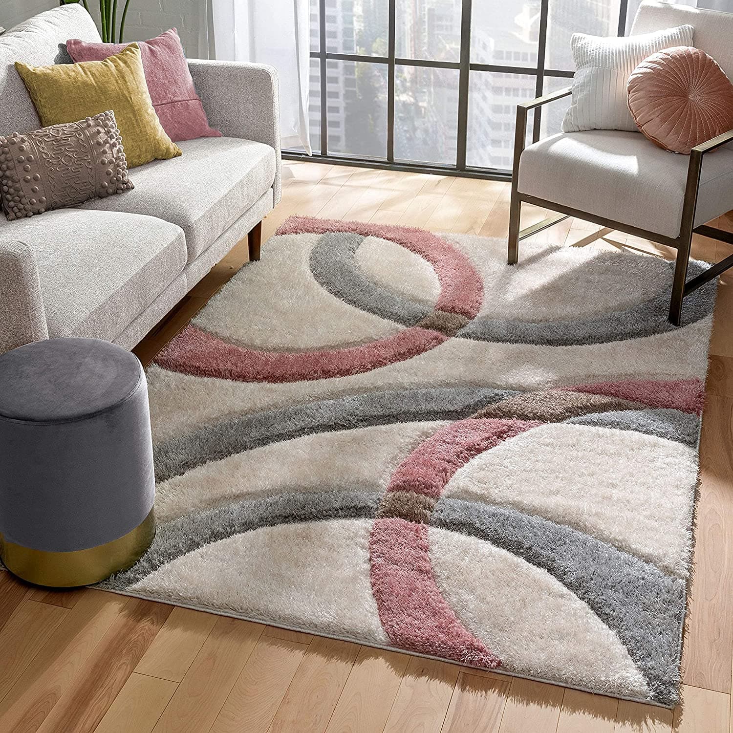 Modern Geometric 3D Textured Thick And Soft Shaggy Fur Rectangular Rug & Carpet (3X5 Feet - Small Size, Color - Ivory, Silver Multi)