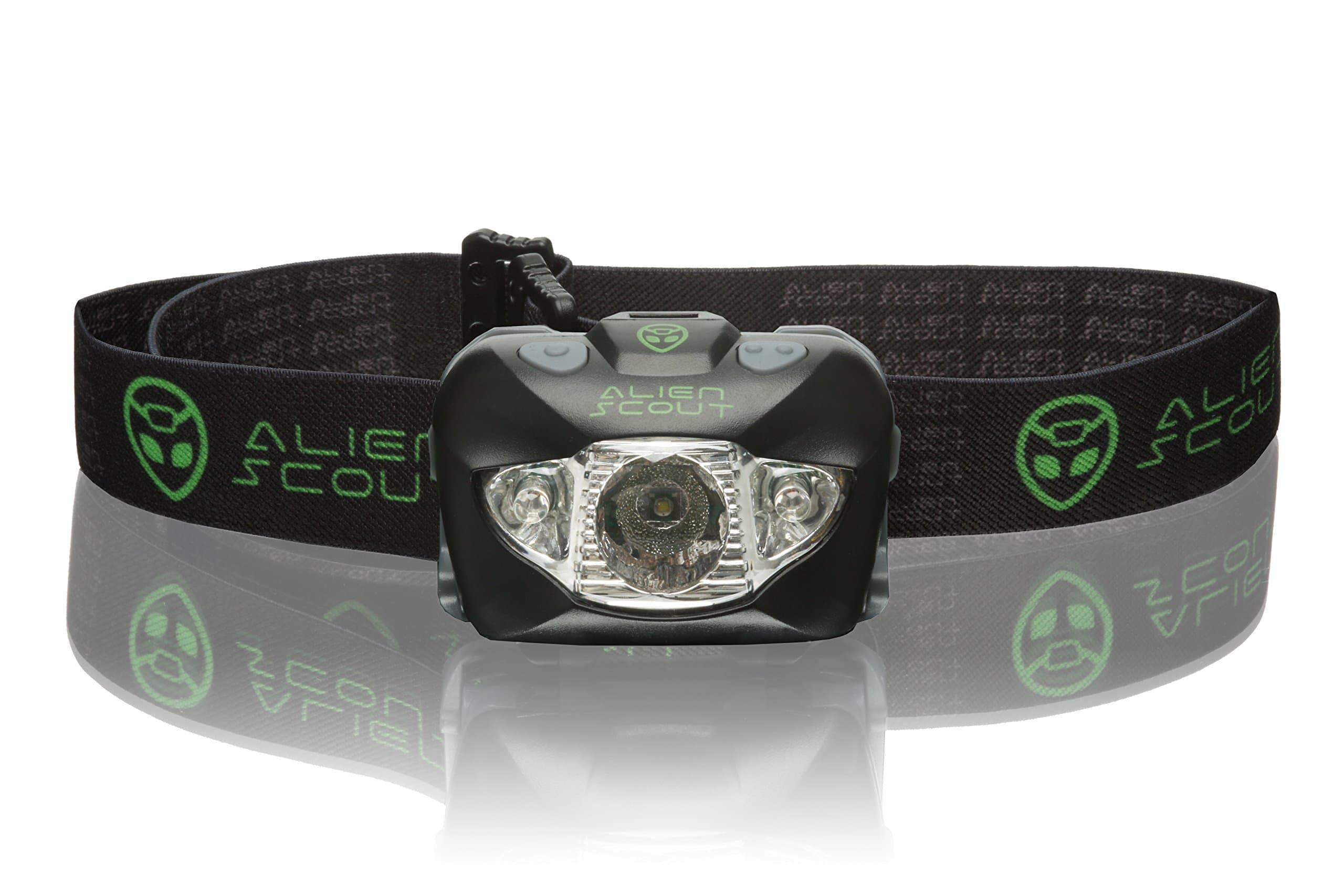 Head Torch by Alien Scout - High-End, Professional, Shockproof and Weatherproof LED Headlamp for Running, Camping, Cycling, Fishing, Dog Walking, Reading, Working, DIY Or Watching Nature - Adjustable, Lightweight and Ultrabright - White/Red/SOS Lighting Modes - includes Alkaline Batteries and a Portable Hard Case