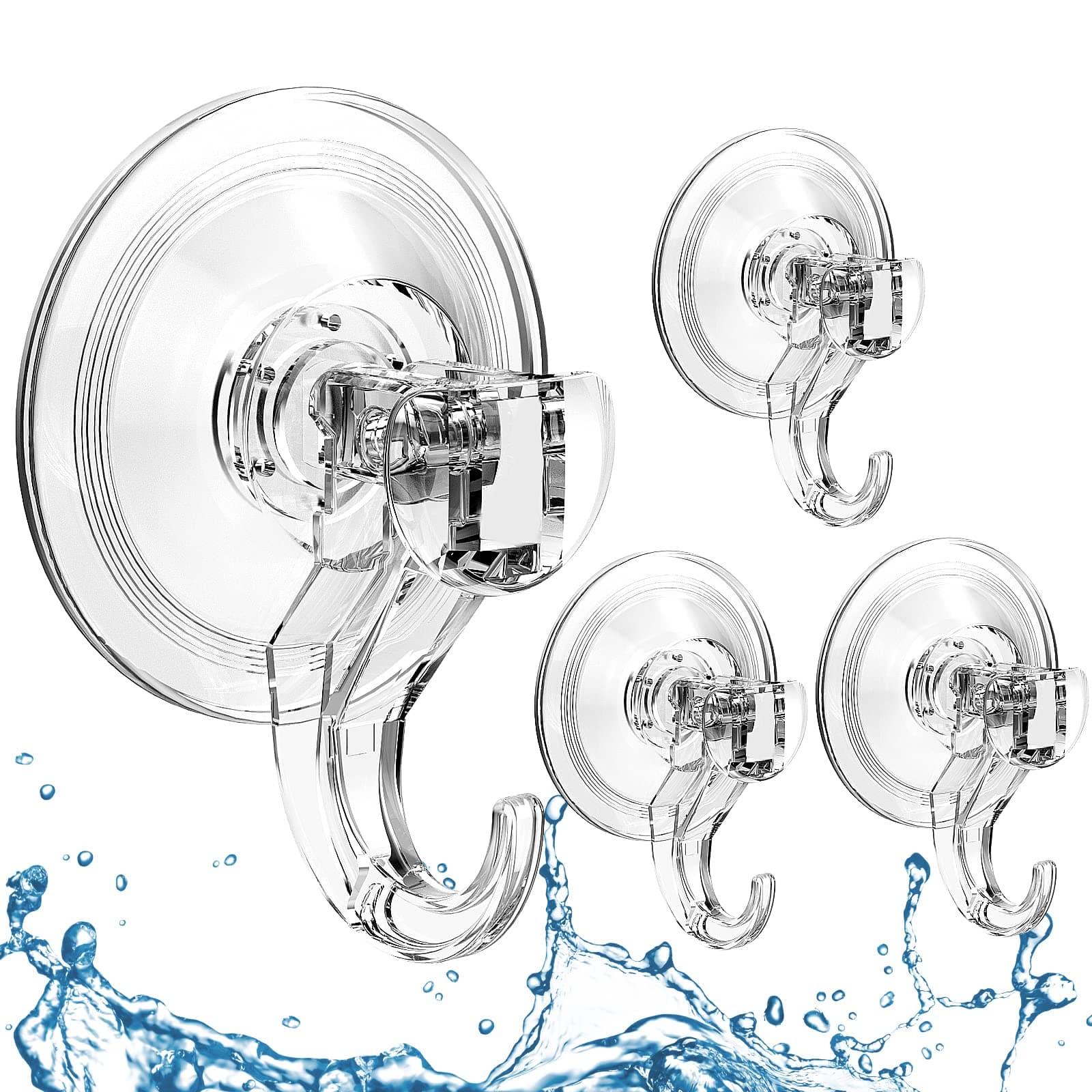 Quntis Suction Cup Hooks, Large Clear Powerful Vacuum Hooks Push and Lock Reusable Hooks Heavy Duty Waterproof Suction Hooks for Kitchen, Bathroom, Shower, Ceiling, Glass, Bathtub, Door-4Packs