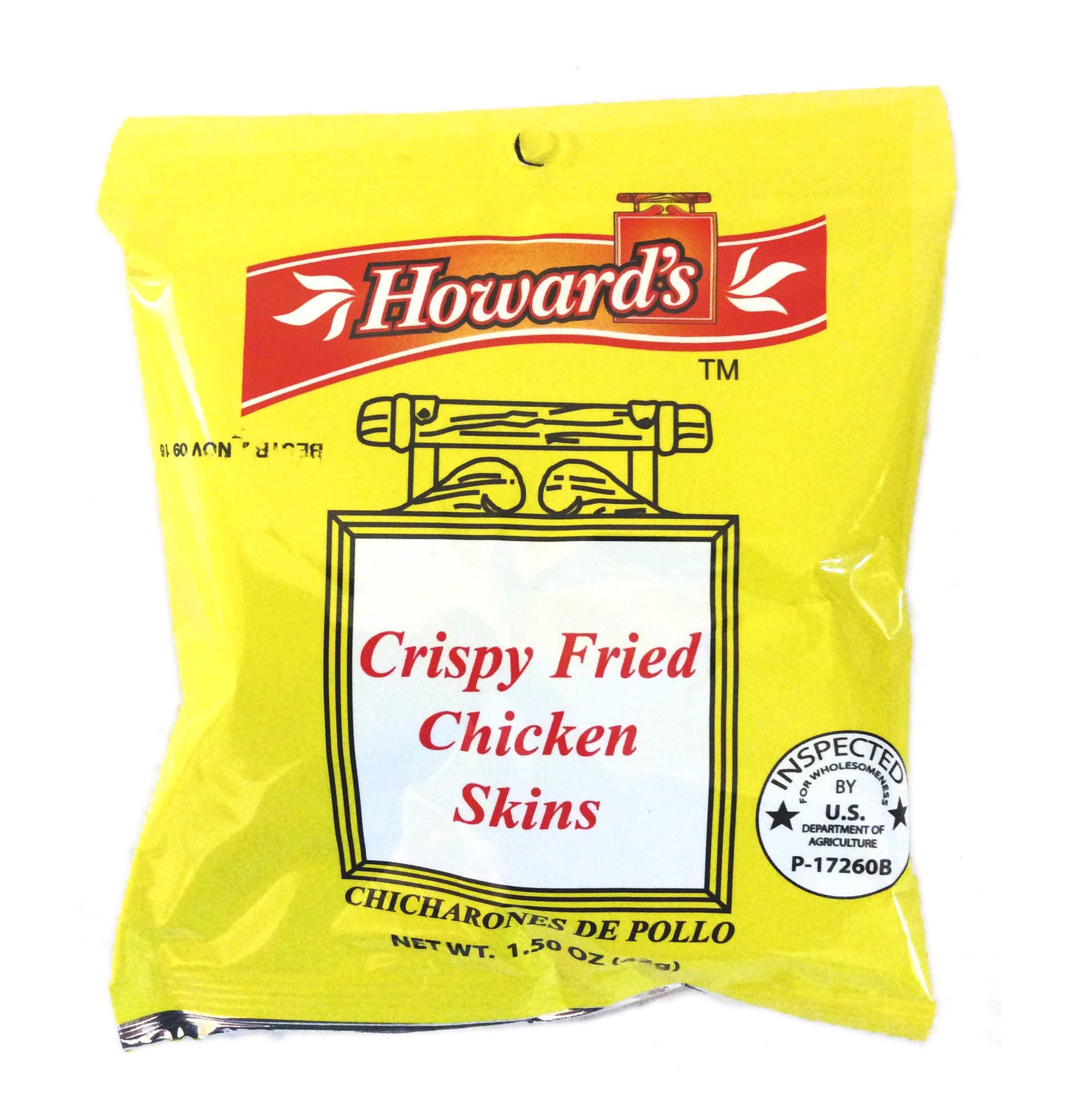 Howard's Crispy Fried Chicken Skins - Chicharrones de Pollo, 1.5oz, Pack of 4