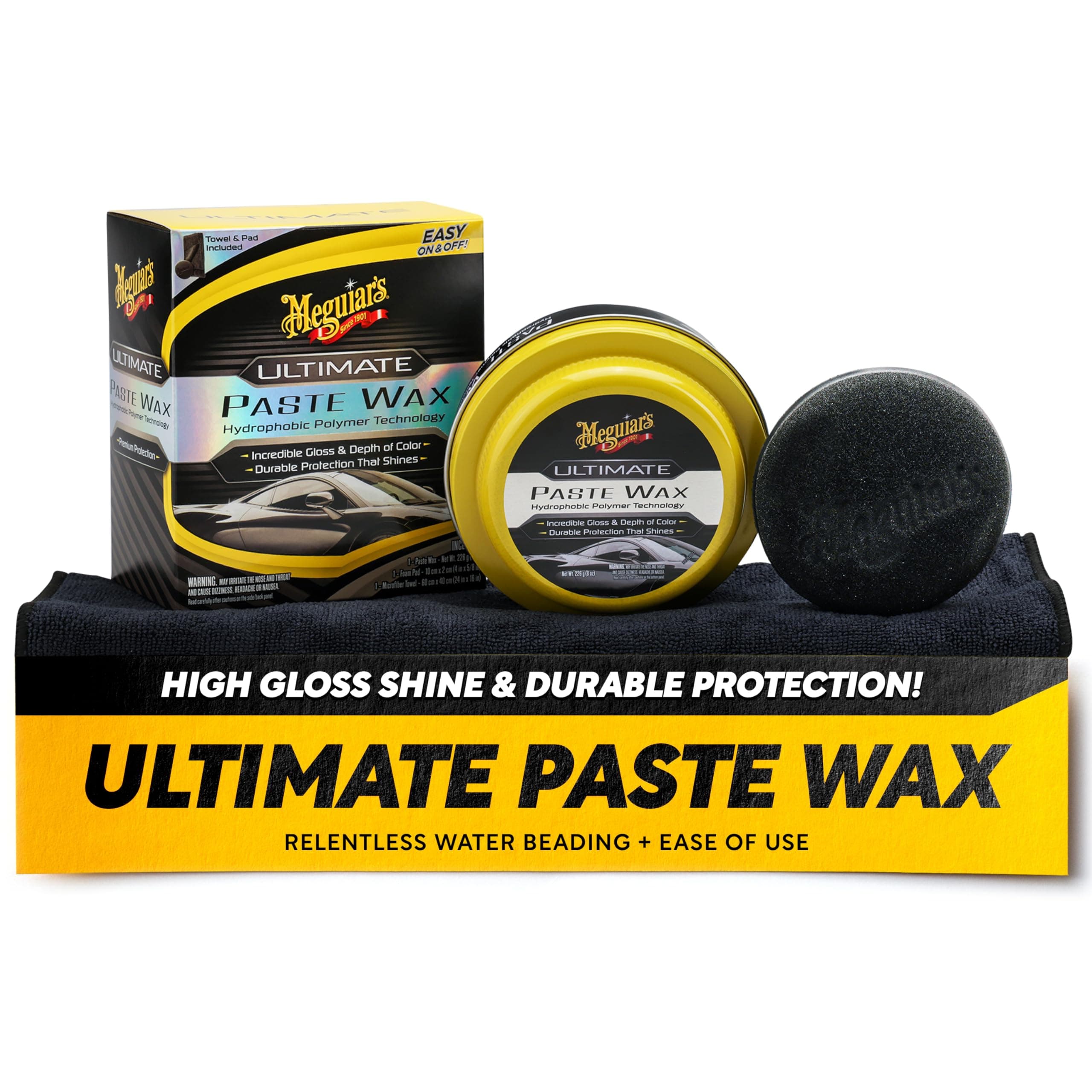 Meguiar's Ultimate Paste Wax, Premium Car Wax for a Deep Gloss with Lasting Protection, Easy to Apply and Remove, Clear Coat Safe, Microfiber Towel and Applicator Included, 8 Oz Paste