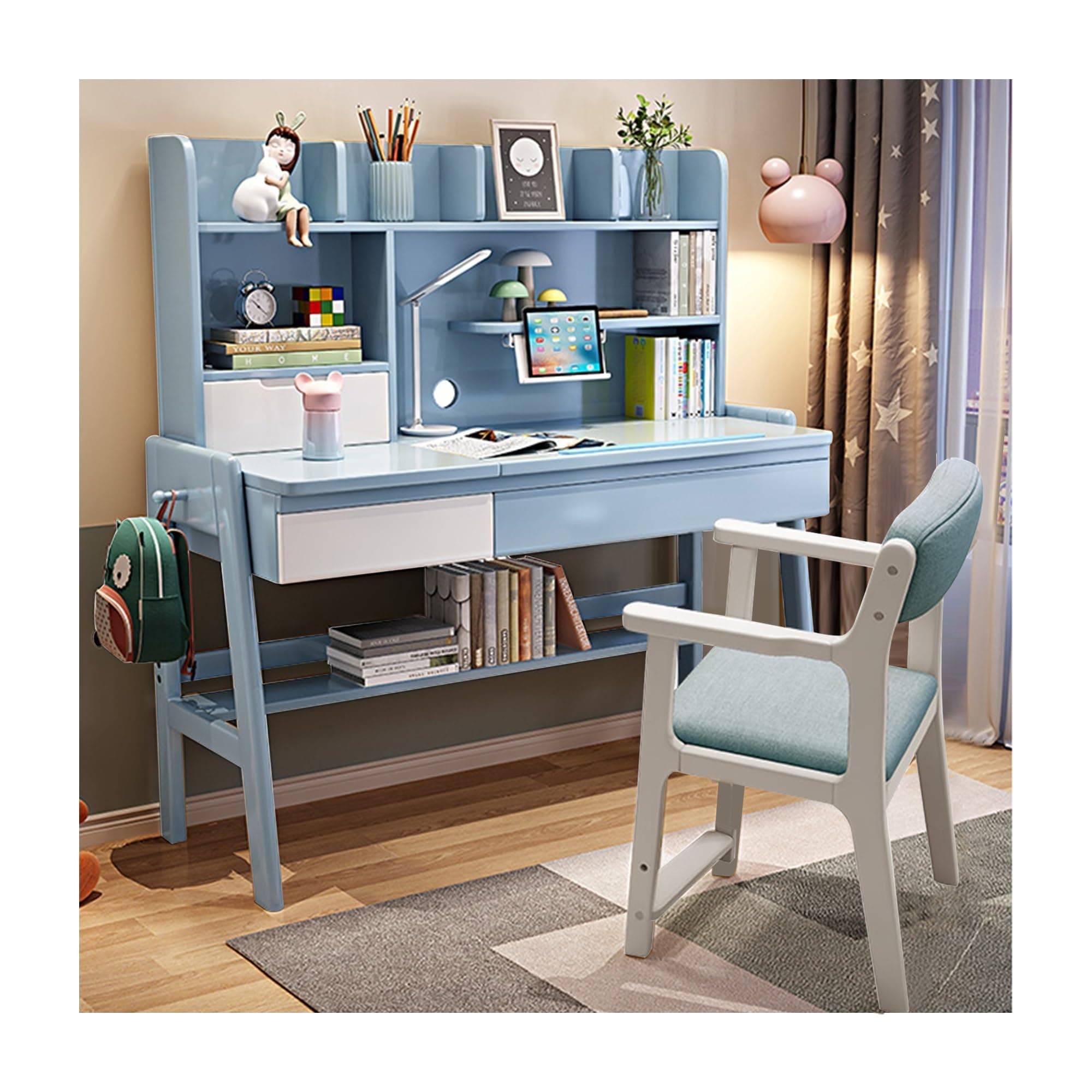 Kids Study Desk and Chair Set Multifunctional Solid Wood Desk for Kids Room 6-18 Height Adjustable Children School Study Desk with 0-60° Tilt Desktop, for Boys Girls (Color : Blue, Size : 100x60x130