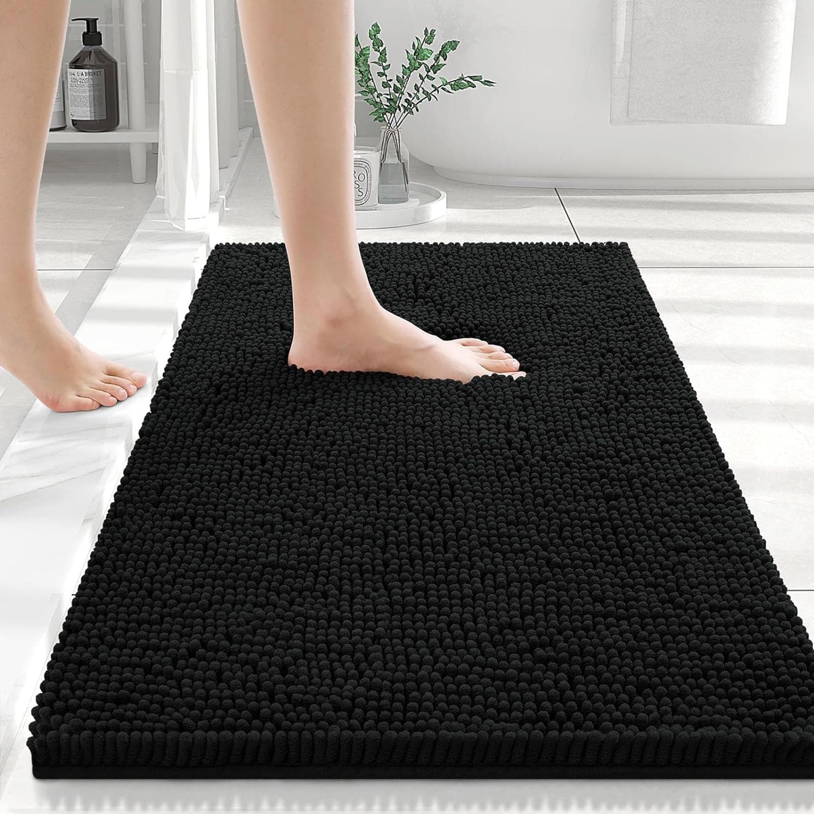 smiryChenille Bath Mat, 40 x 60 cm, Non-Slip Super Absorbent Bathroom Mat Extra Soft Fluffy Bath Mats for Bathroom Thick Machine Washable Bathroom Floor Mats Rugs, Black