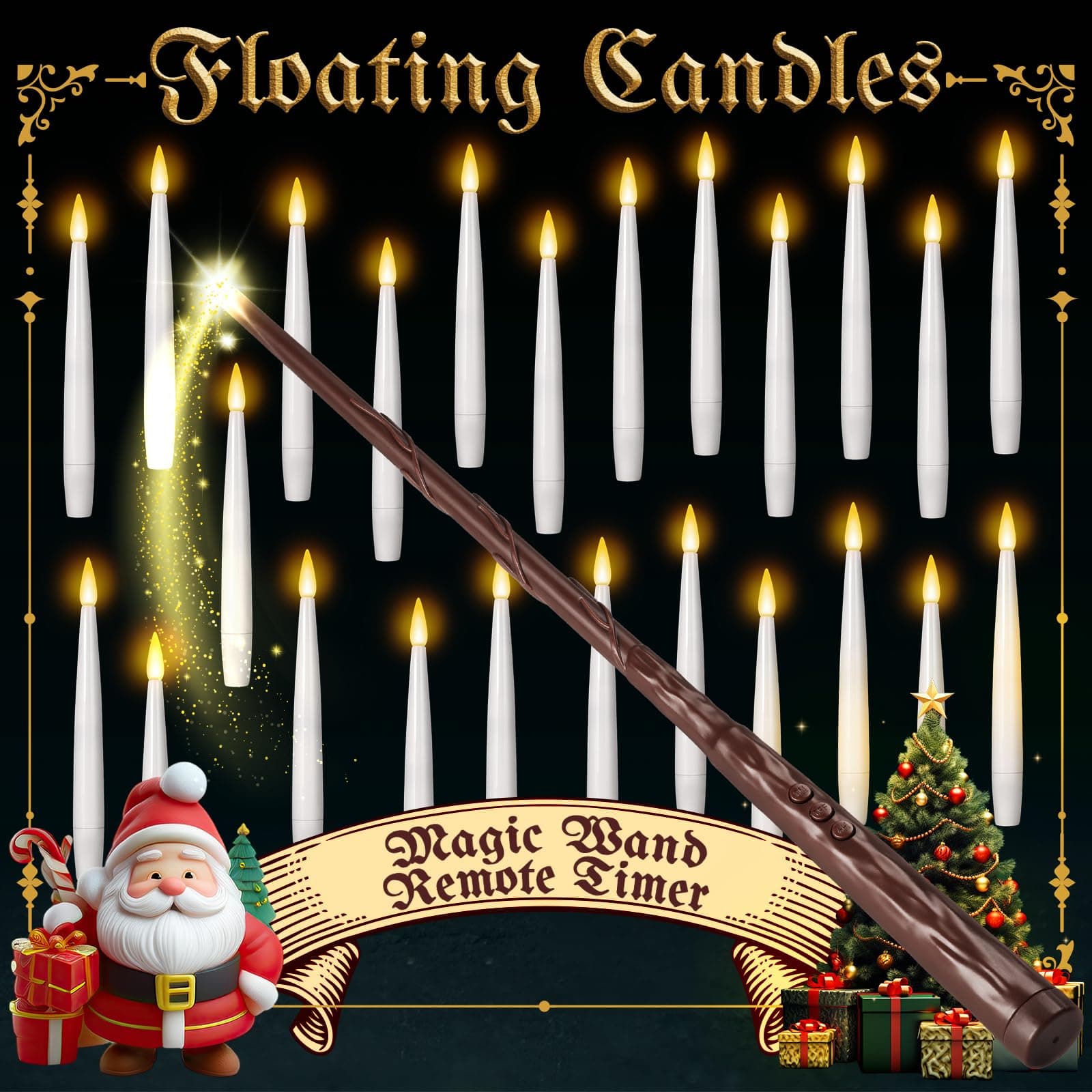NURADA Floating Candles with Wand Remote Timer - 24 Pcs Magic LED Hanging Flameless Taper Candles Flickering Battery Operated for Halloween Birthday Theme Party Holiday Home Window Decor - White