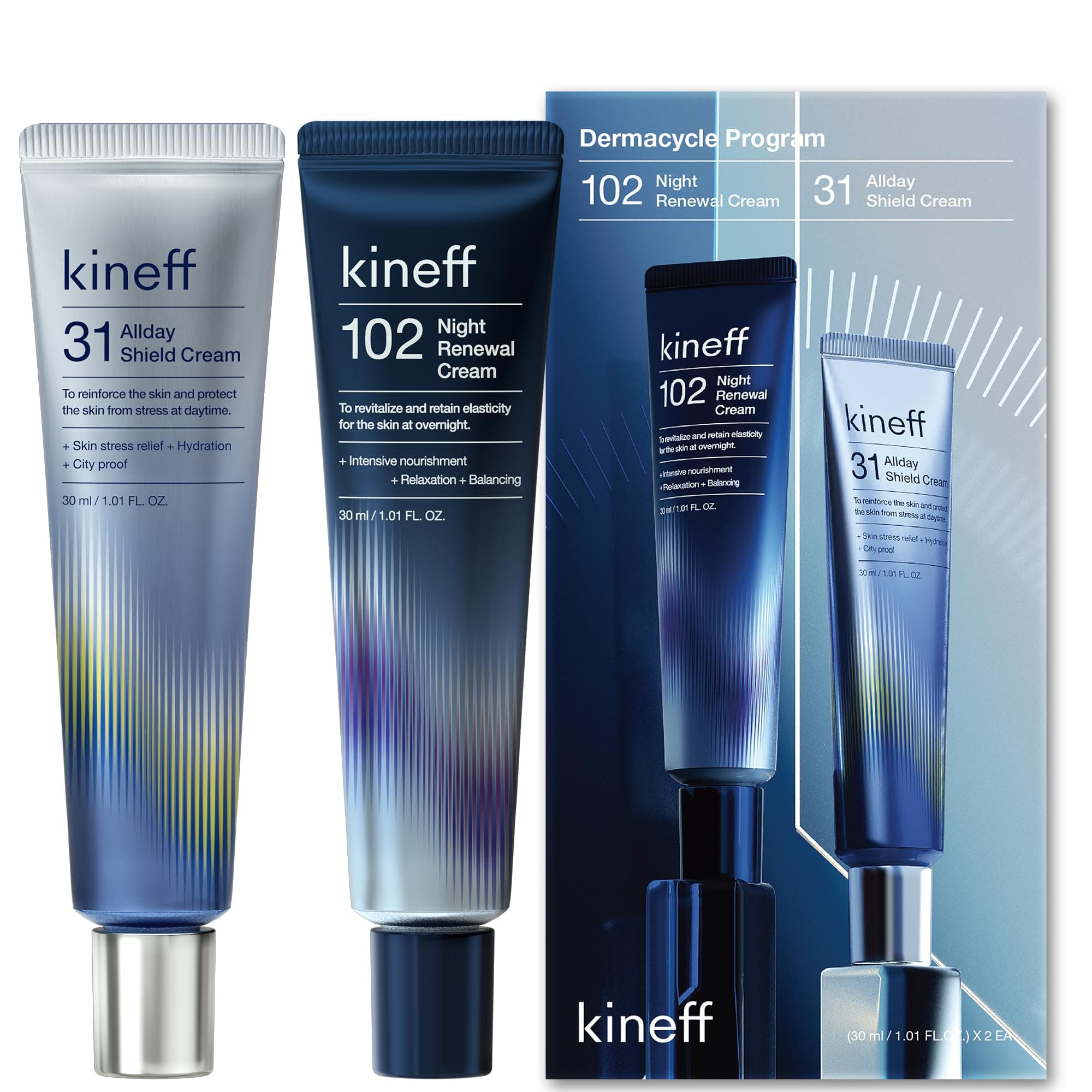 Kineff Dermacycle Program All-day & Night 2-Pack Cream for Face, 31 All-Day Shield Cream & 102 Night Renewal Cream, Centella Asiatica and Niacinamide, Korean Skincare (New Package)