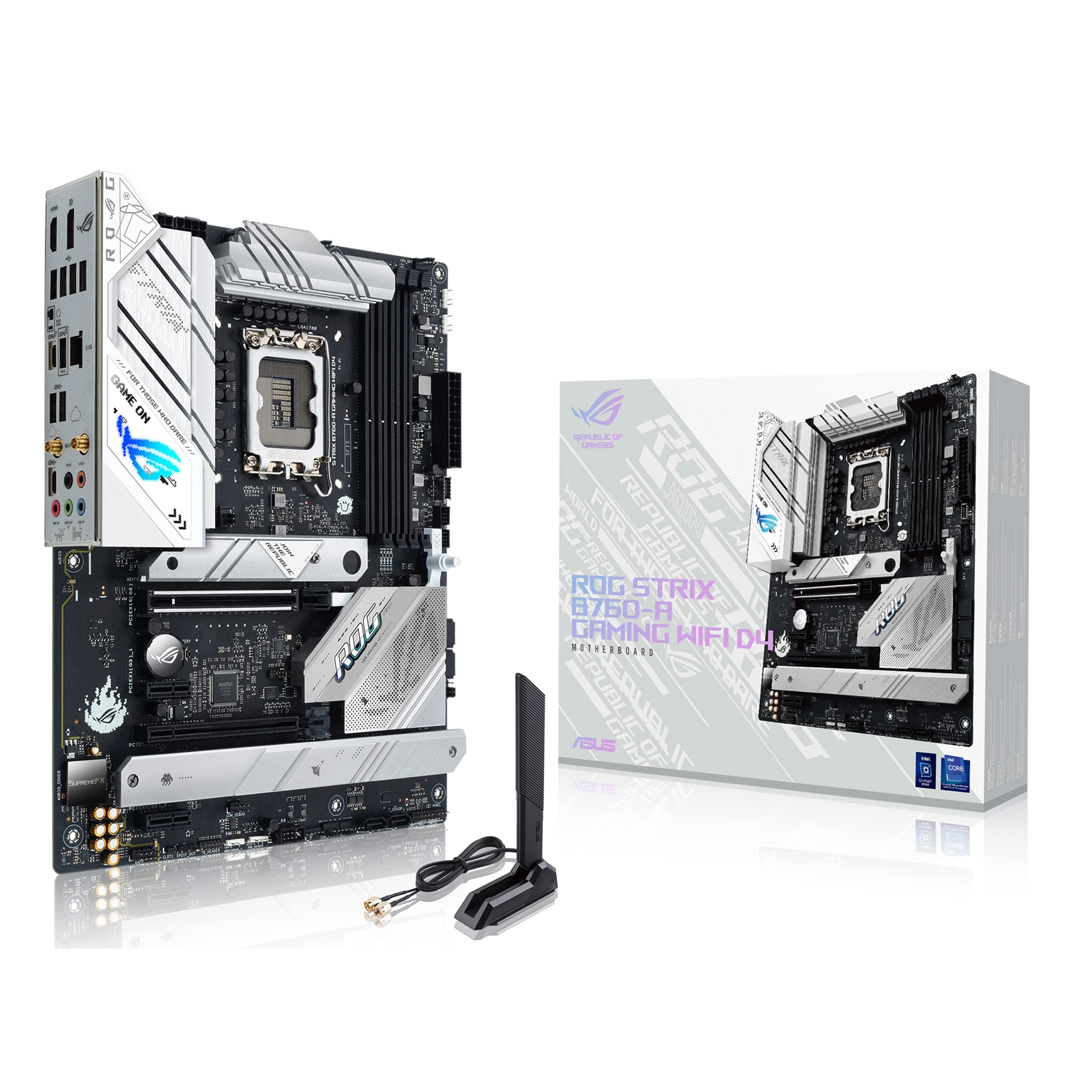 Asus ROG Strix B760-A Gaming WiFi D4 Intel B760 (13th and 12th Gen) LGA1700 white ATXmotherboard, 12+1 power stages, DDR4, PCIe 5.0, three M.2slots, WiFi 6E, USB 3.2 Gen 2x2 Type-C, and Aura Sync RGB