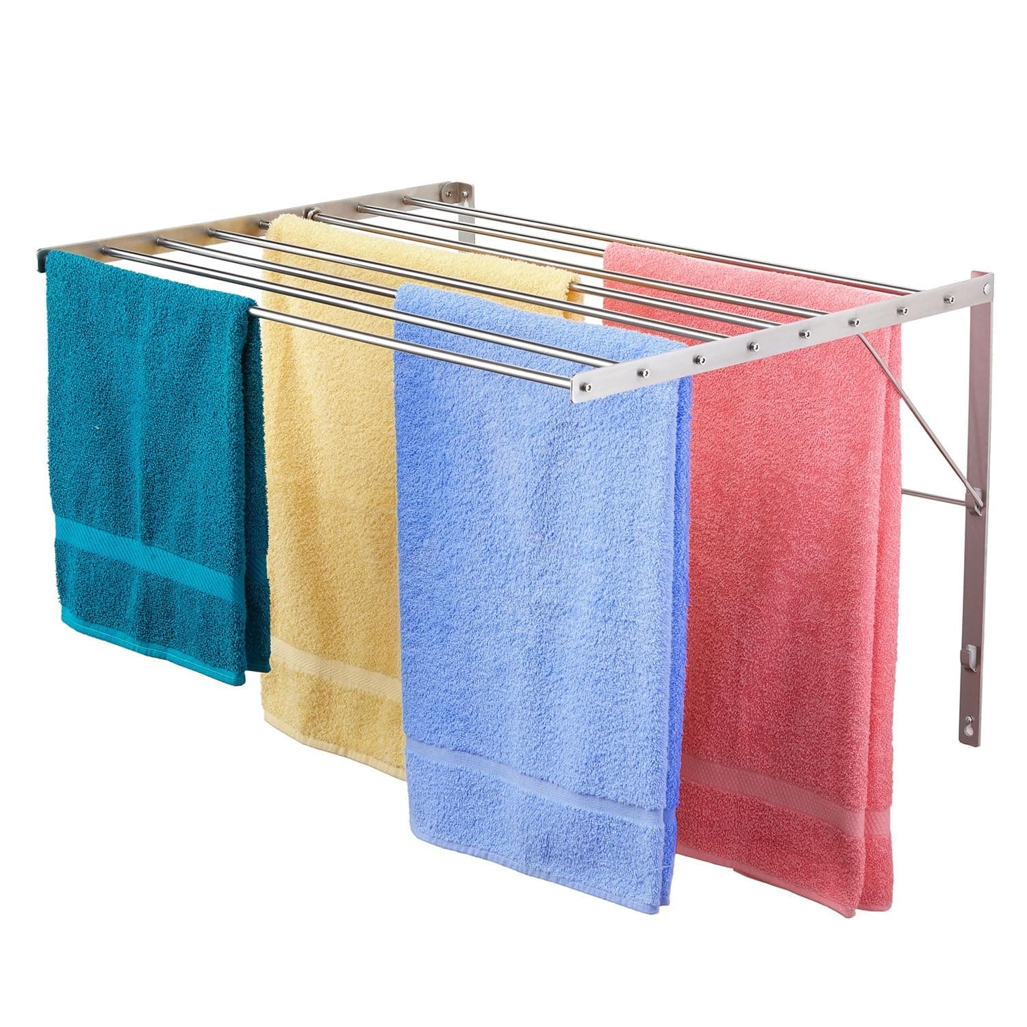 Wall Mounted | Clothes Drying Rack | 30" Wide | 20 Linear Feet Capacity | 8 Smooth Round Stainless Steel Rods | 60 lb Capacity | Fully Assembled | Compact Sturdy Space-Saving Design