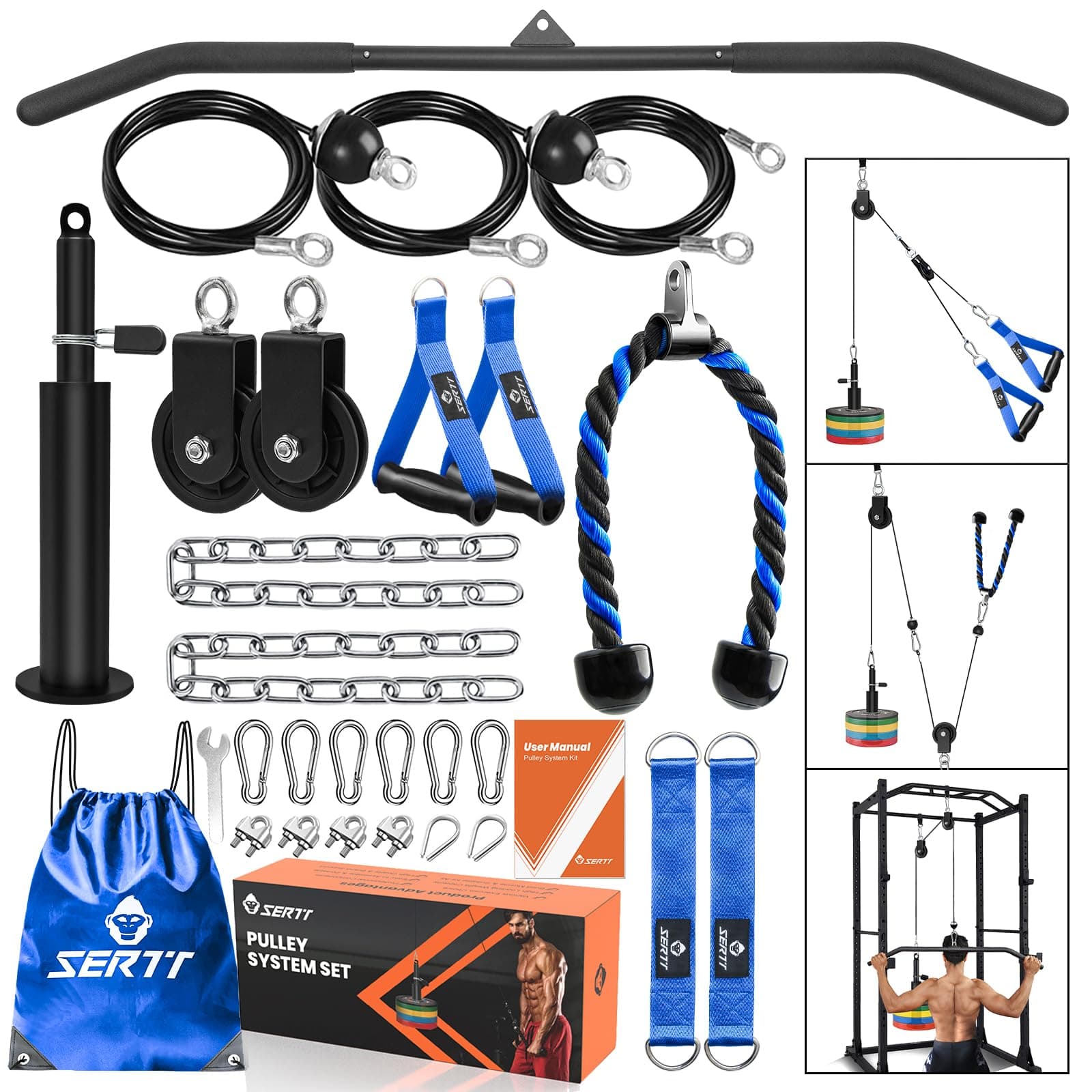 SERTT Home Gym Pulley System - Tricep Workout, Lat Pulldown, Biceps Curl, Triceps, Shoulders, Back, Forearm, Weight Cable for Squat Rack, Garage