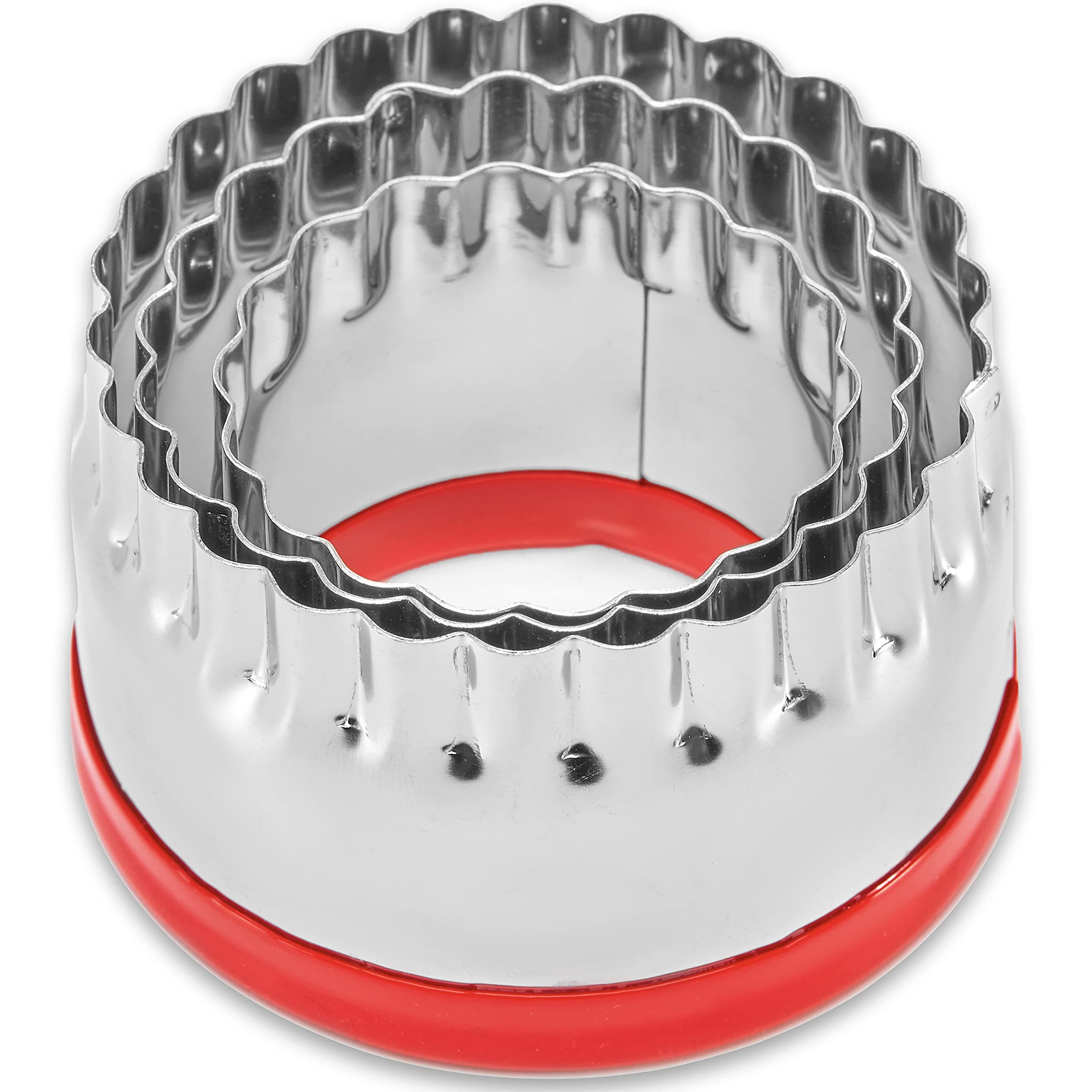 - 3Pcs Fluted Round Cookie Cutters - 2" & 2.6" & 3", Heavy Duty Food-Grade Stainless Steel, Mini Biscuit Cutter, Unique Design with Protective Red Top PVC
