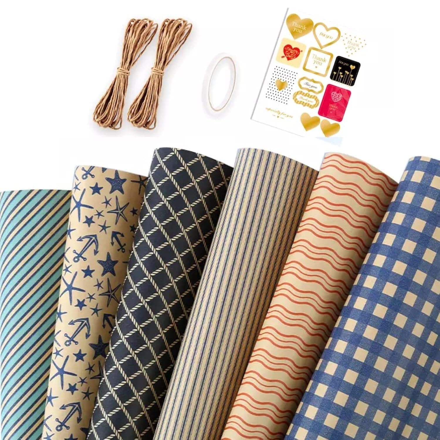 Gift Wrapping Paper sheets Set Included 6 Pack Gift Kraft Wrap Paper with hemp string Sticker and Tape for Birthday Party Graduation Eid Boys Girls kids baby Men Women 50 cm X 70 cm Per Sheet