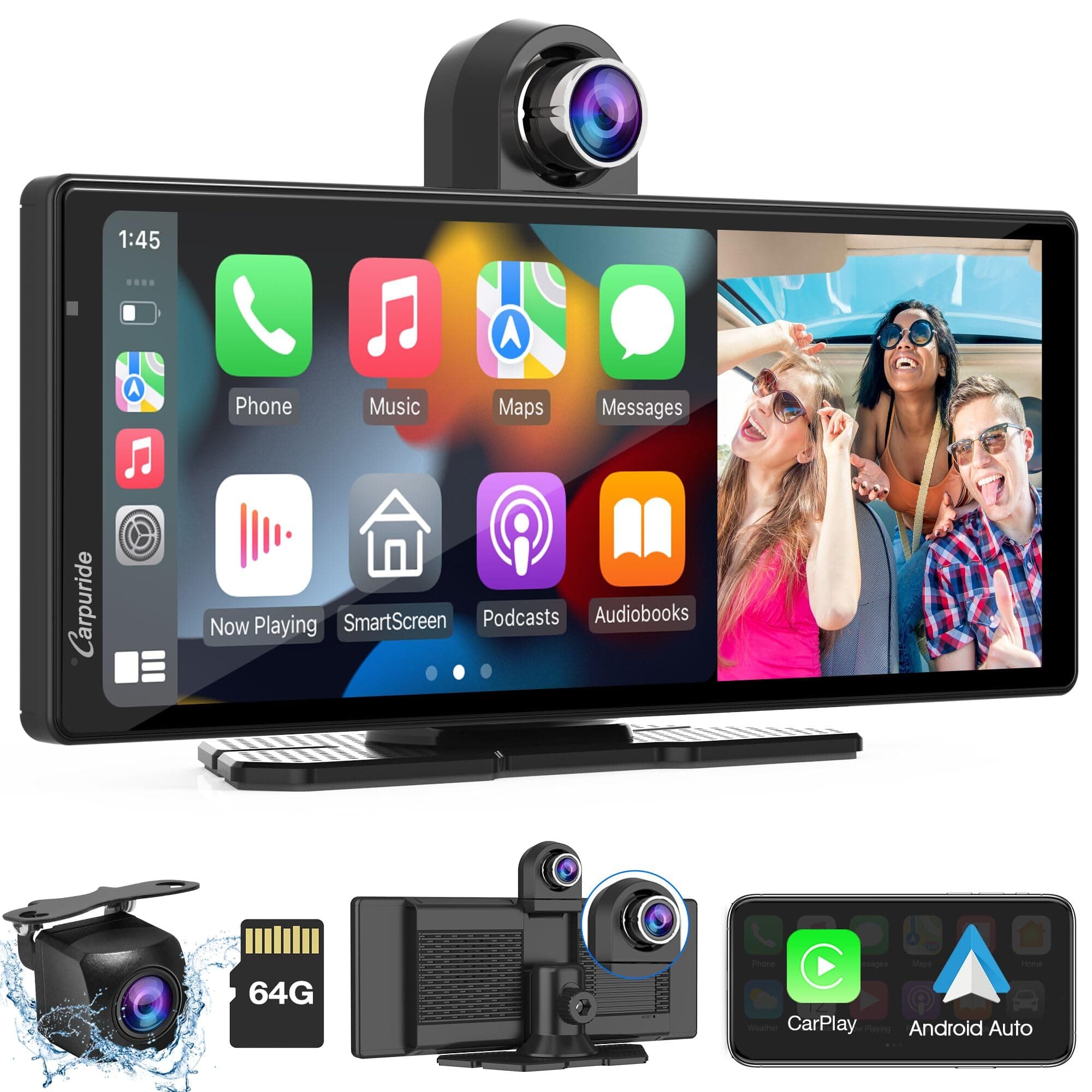 W903 Portable Wireless Carplay & Android Auto with Dash Cam - 9.3" HD IPS Screen, 4K Front & Backup Camera, Loop Recording, Bluetooth, Mirror Link, GPS, Siri, Dashboard Mounted