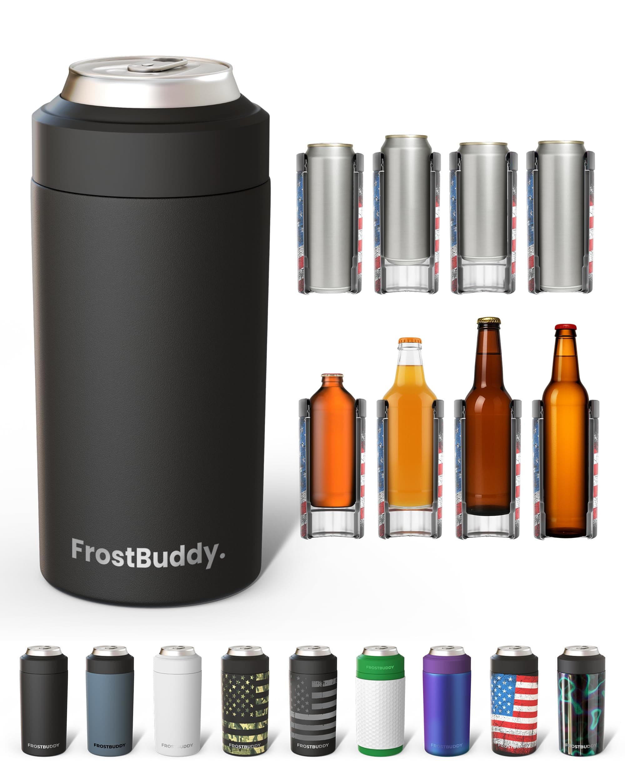 Universal Can Cooler - Fits All - For Regular 12 & 16 oz or Slim-Size Bottles - Insulated Double-Walled Stainless Steel (MatteBlack)