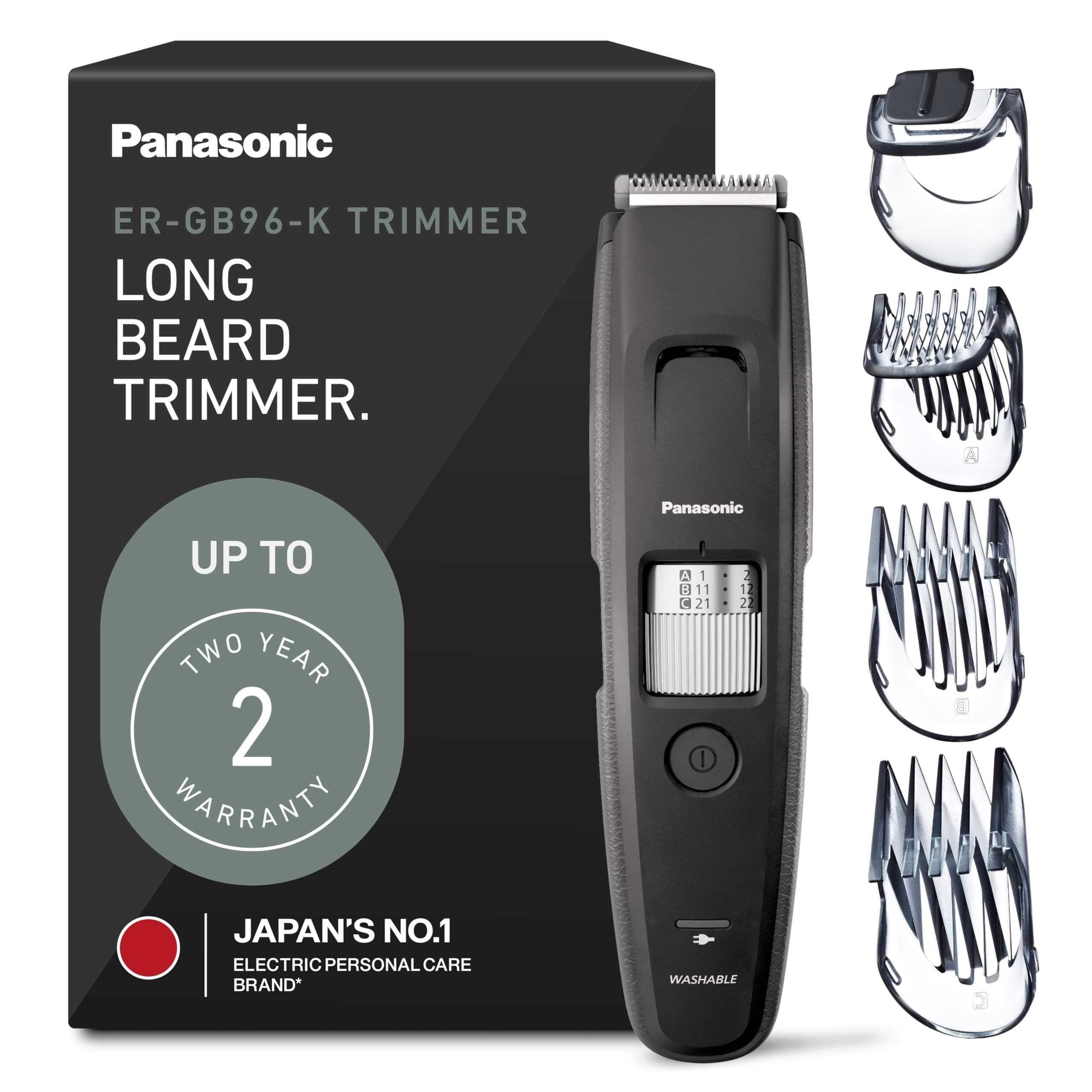 Panasonic Long Beard Trimmer for Men, 58 Length Settings and 4 Attachments for Cutting and Detailing, Cordless or Corded Operation – ER-GB96-K (Black)