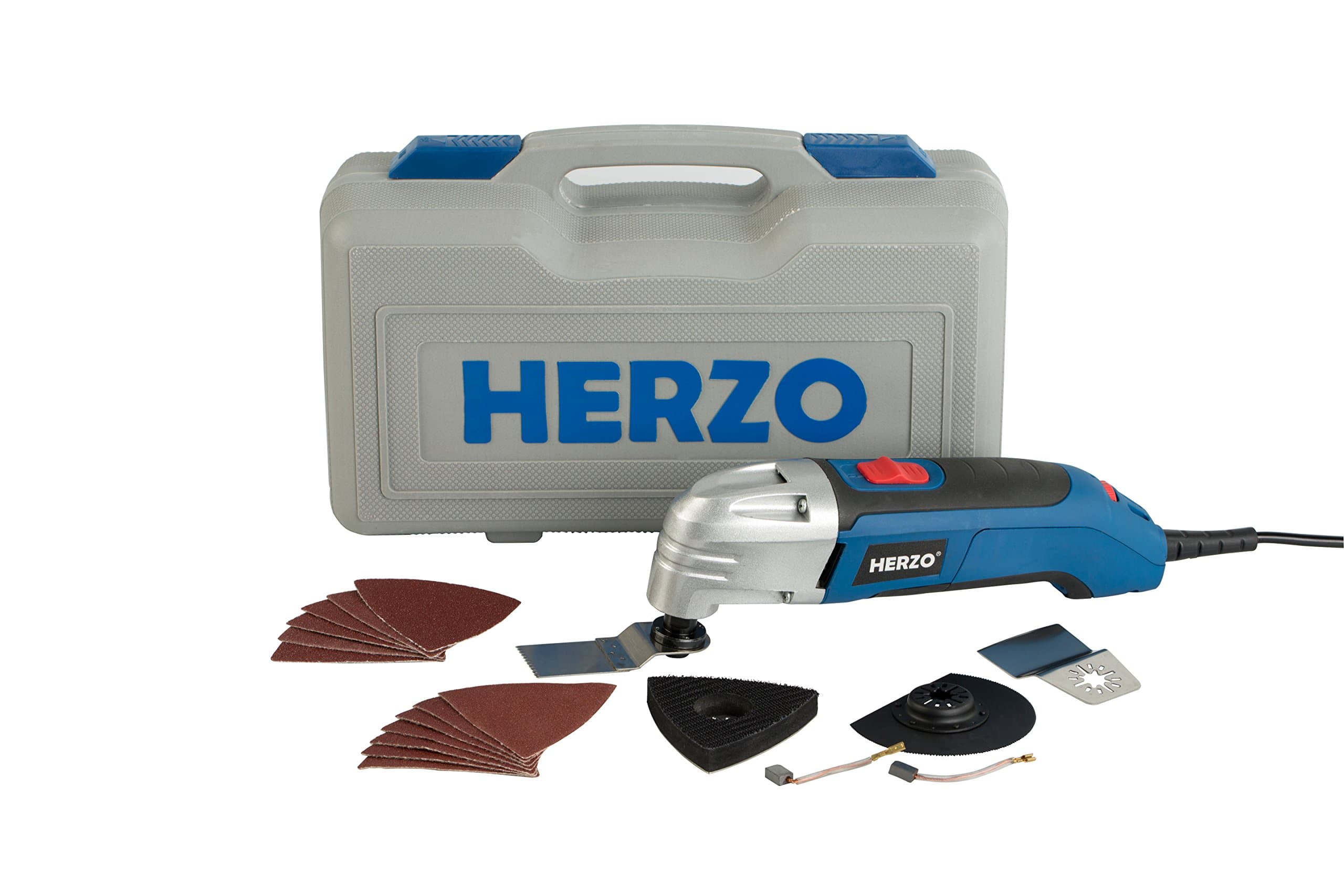 HERZO Power Oscillating Tool 2.5 Amp, 6 Variable Speed, 18pcs Accessories Includes Cutting Discs, Blades, Sander Sheets - Red Line