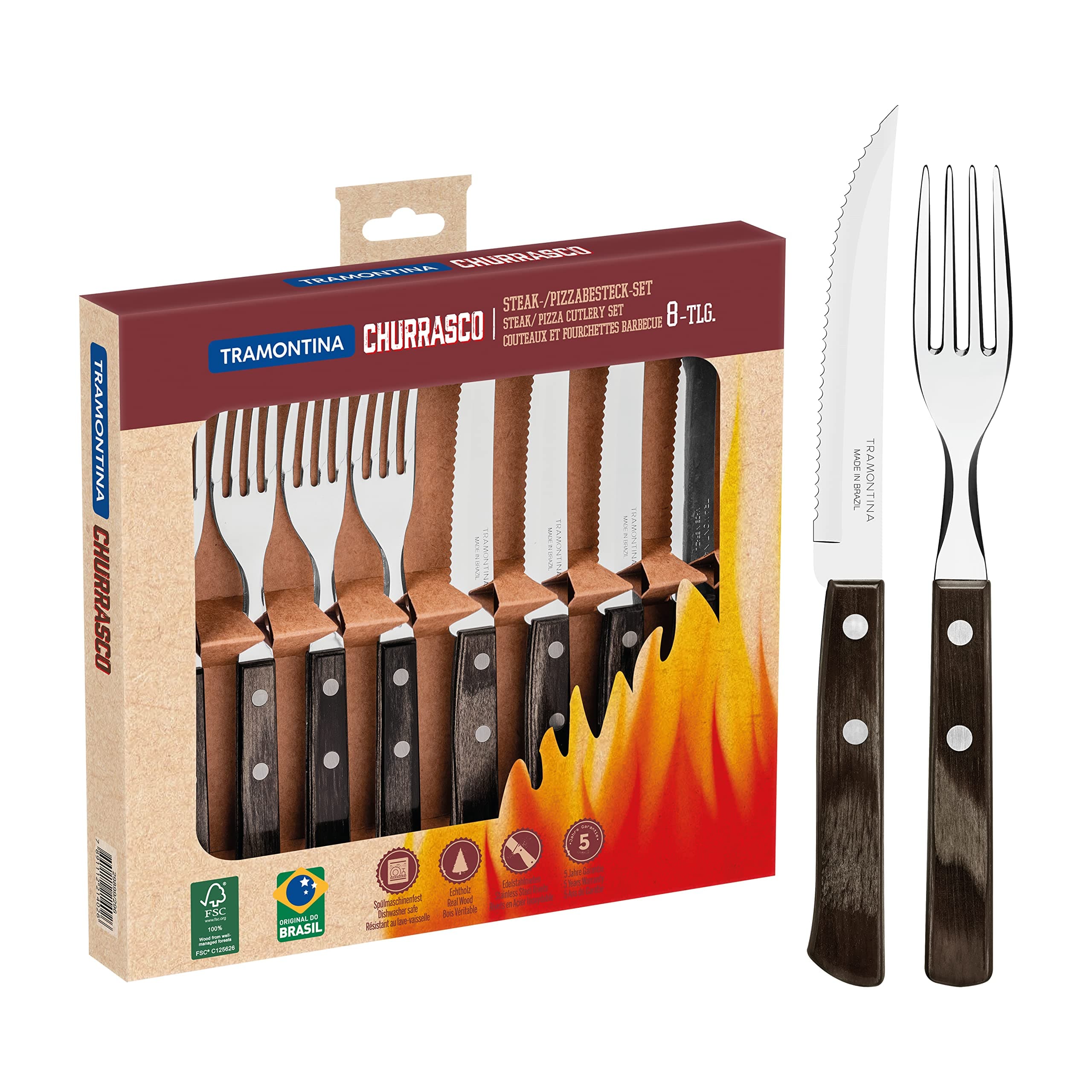Tramontina Cutlery Set with Steak Knives, 8 Piece Sharp Knife and Fork Set with Wooden Handles, Camping, Kitchen, Rustic, Dishwasher Safe, 29899296