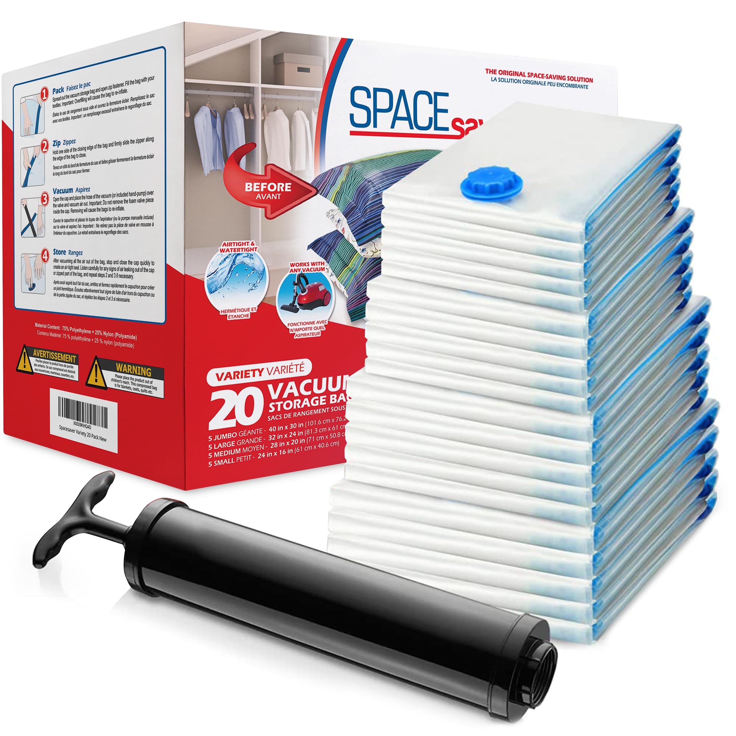 - 20-Pack Variety Vacuum Storage Bags for Comforters, Blankets & Clothes – Vacuum Sealed Compression Bags with Hand Pump – Space Saver Storage Bags for Bedding,Travel & Organization (5S, 5M, 5L & 5XL)