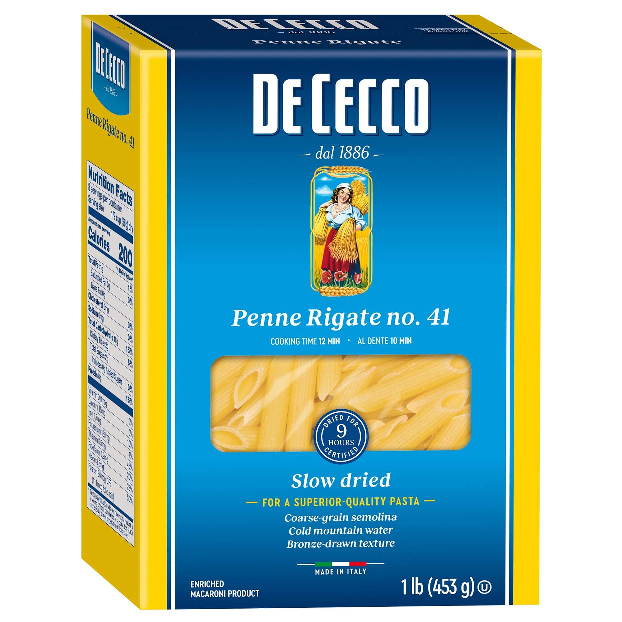 Penne Rigate No. 41 Pasta, 16 Oz, Authentic, Slow Dried, Made with Durum Wheat, Versatile Pasta for Sauces & Recipes, Made in Italy