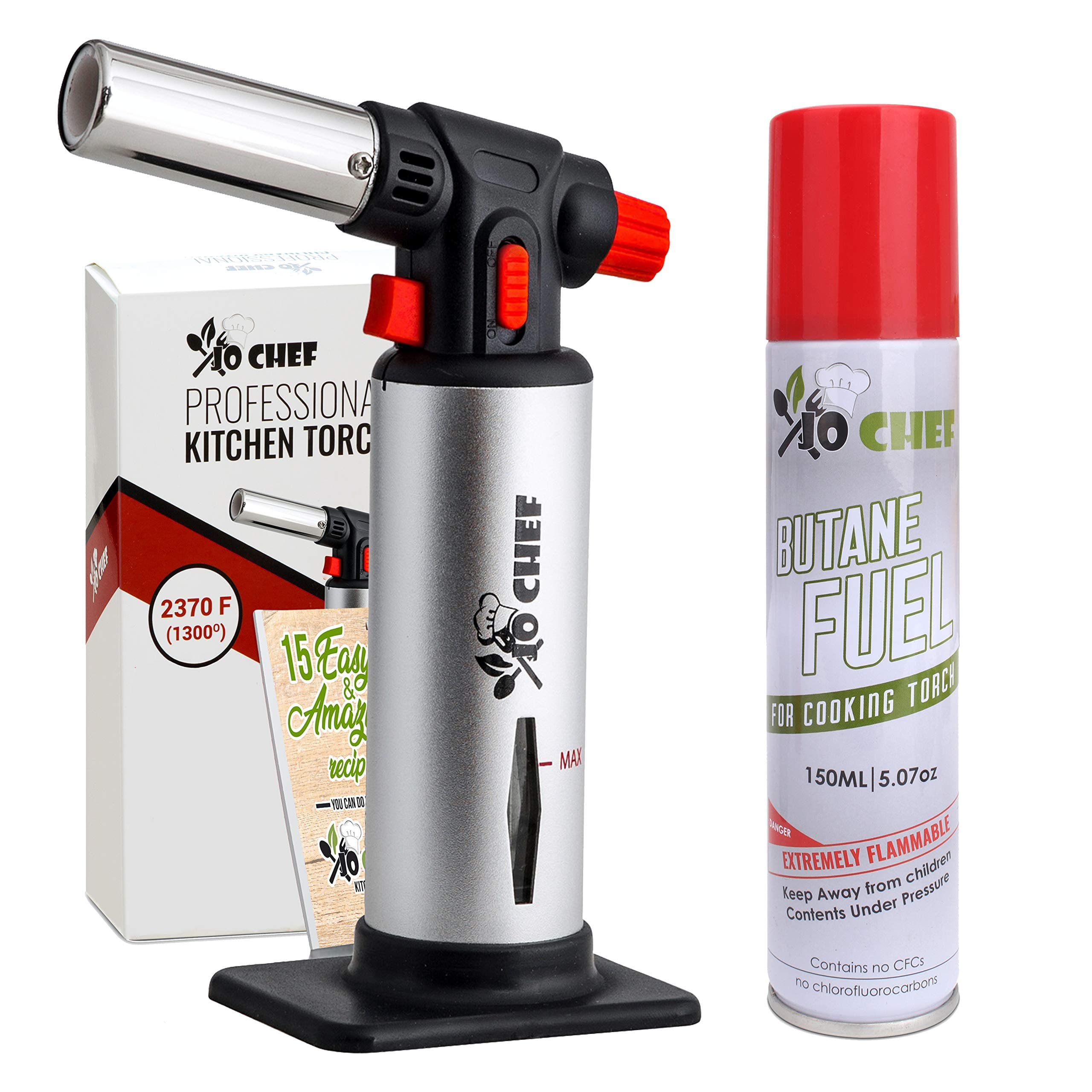 Jo Chef Kitchen Torch with Butane, Refillable Butane Torch, Cream Brulee Torch, Blow Torch, Lighter Gun with Safety Lock & Adjustable Flame, Food Cooking Torch with 1 Tin