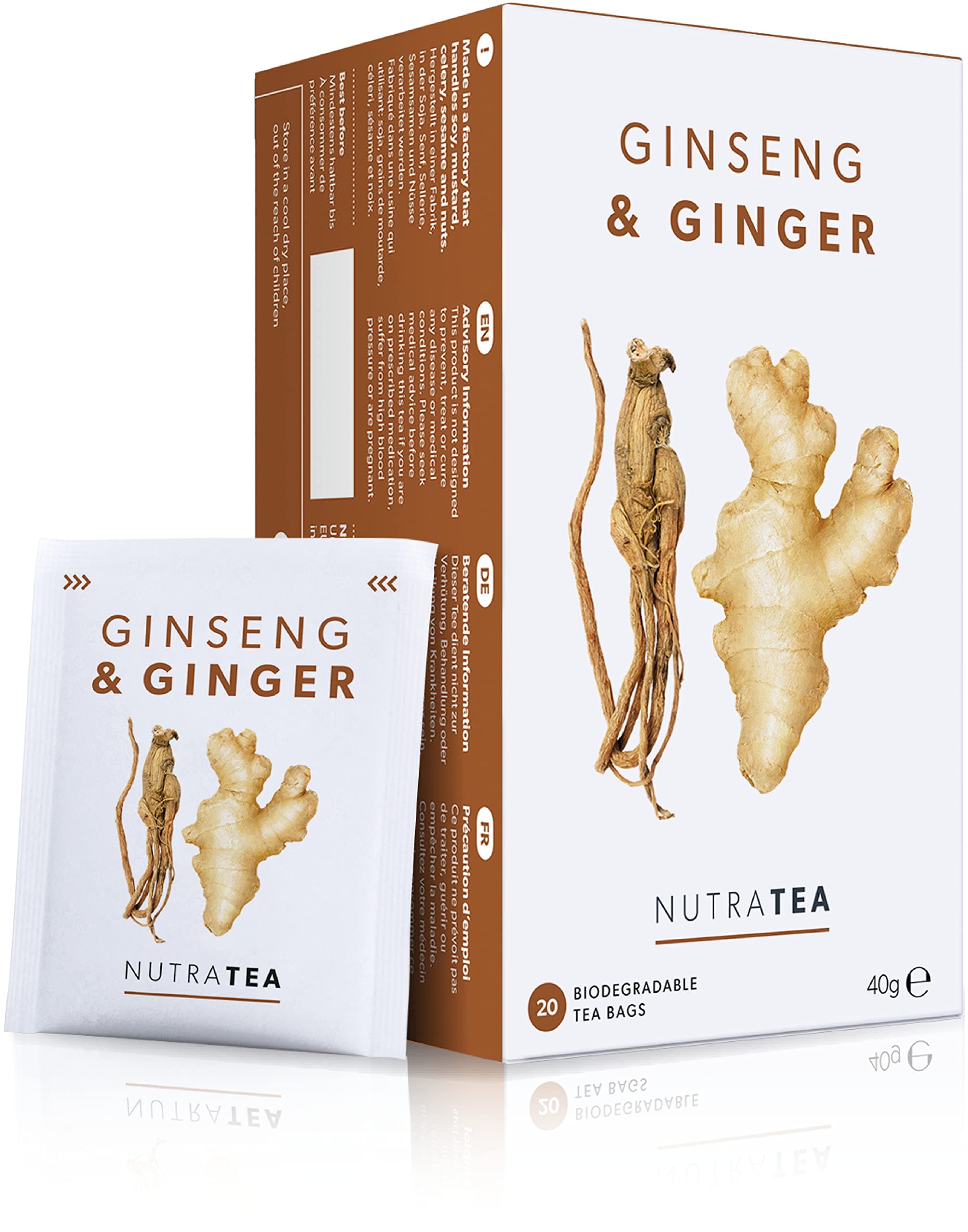 Nutra Tea Ginger & Ginseng Tea | Ginger Tea - 60 Individually Wrapped Bags - Herbal Infusion (3 Pack)