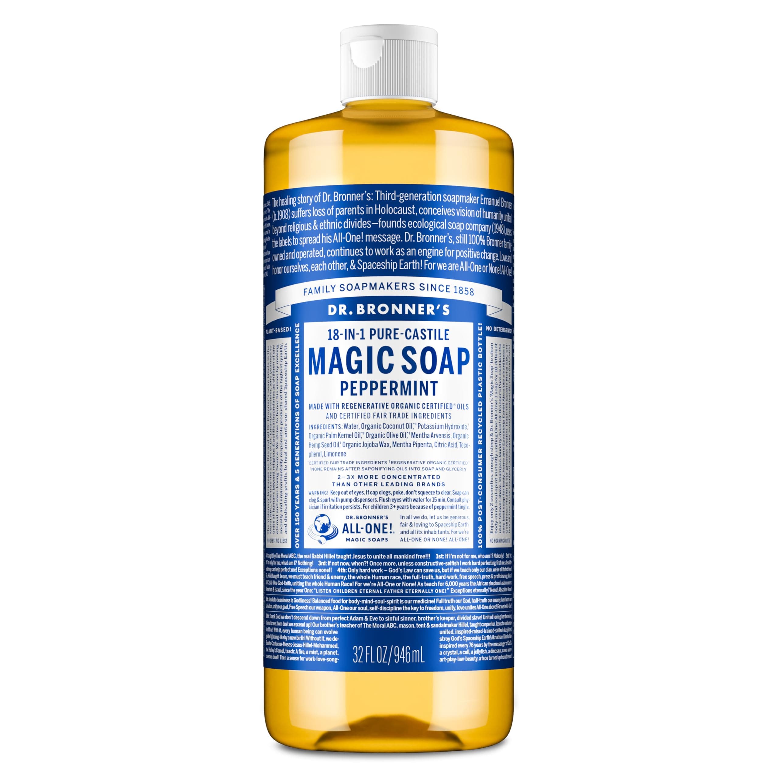 Dr. Bronner's Magic Soaps Pure Castile Soap 18-in-1 Hemp Peppermint, 32 Oz Bottle