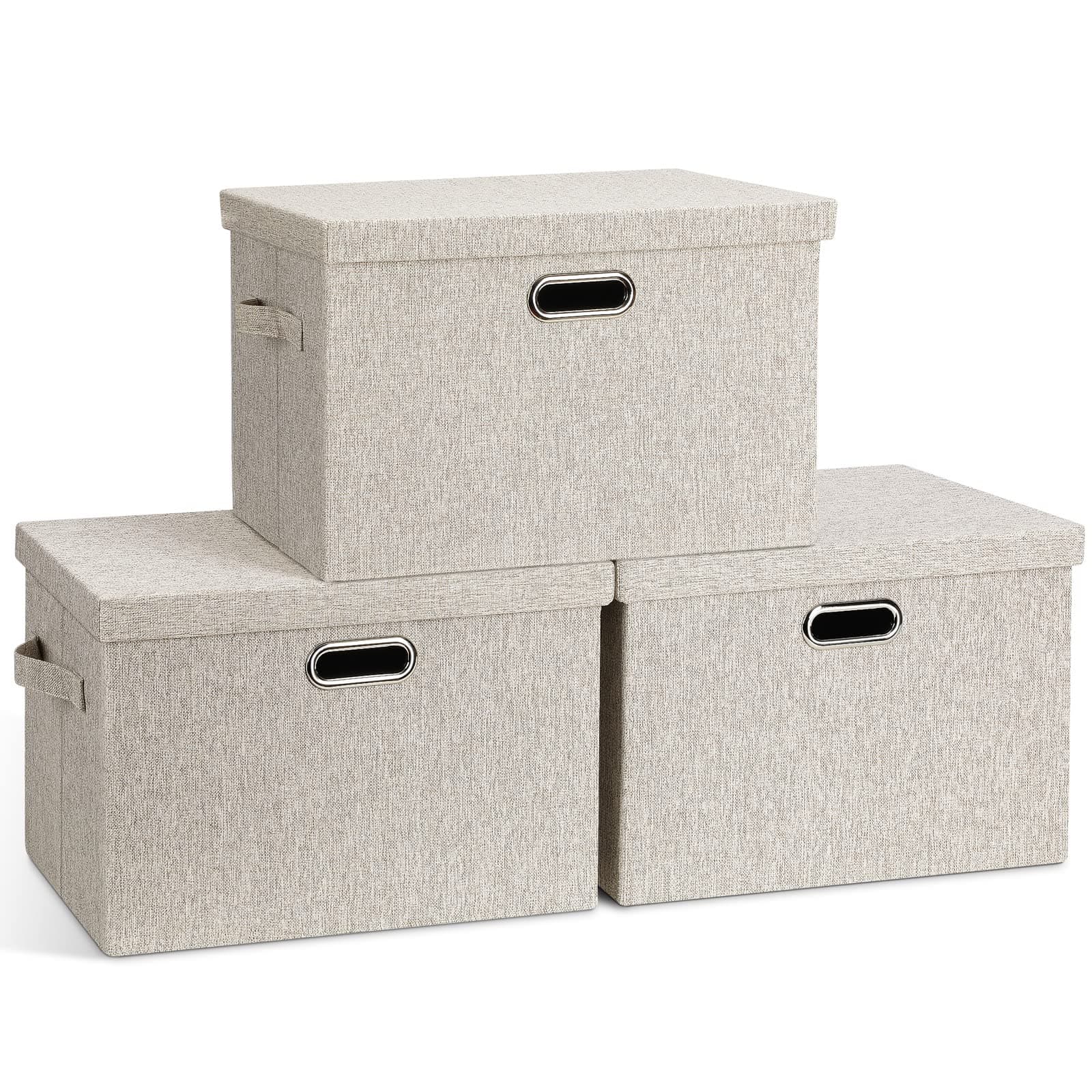 Graciadeco Large Quart Collapsible Stackable Storage Bins with Lids, 3 Packs Beige Linen Fabric Closet Boxes with Lids, Storage Cube Baskets Container Organizers for Bedroom Office(16.6 x 11.7 x 10.8)