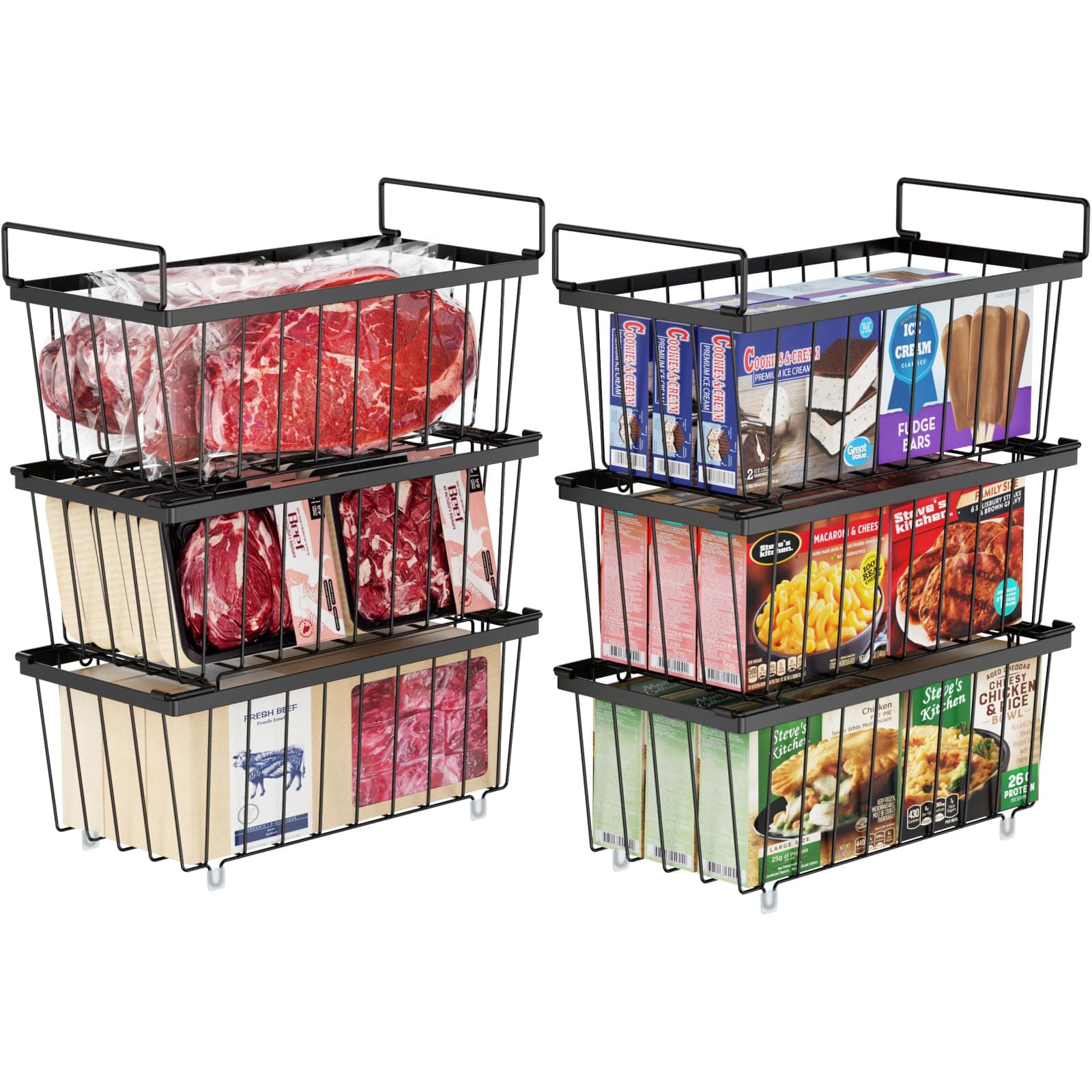 Ispecle Freezer Storage Bins - 6 Pack Small Stackable Deep Organizer For Most 7 Cu.Ft Chest Sort Frozen Food, Basket With Handles Easy To Get Food From Bottom, Black