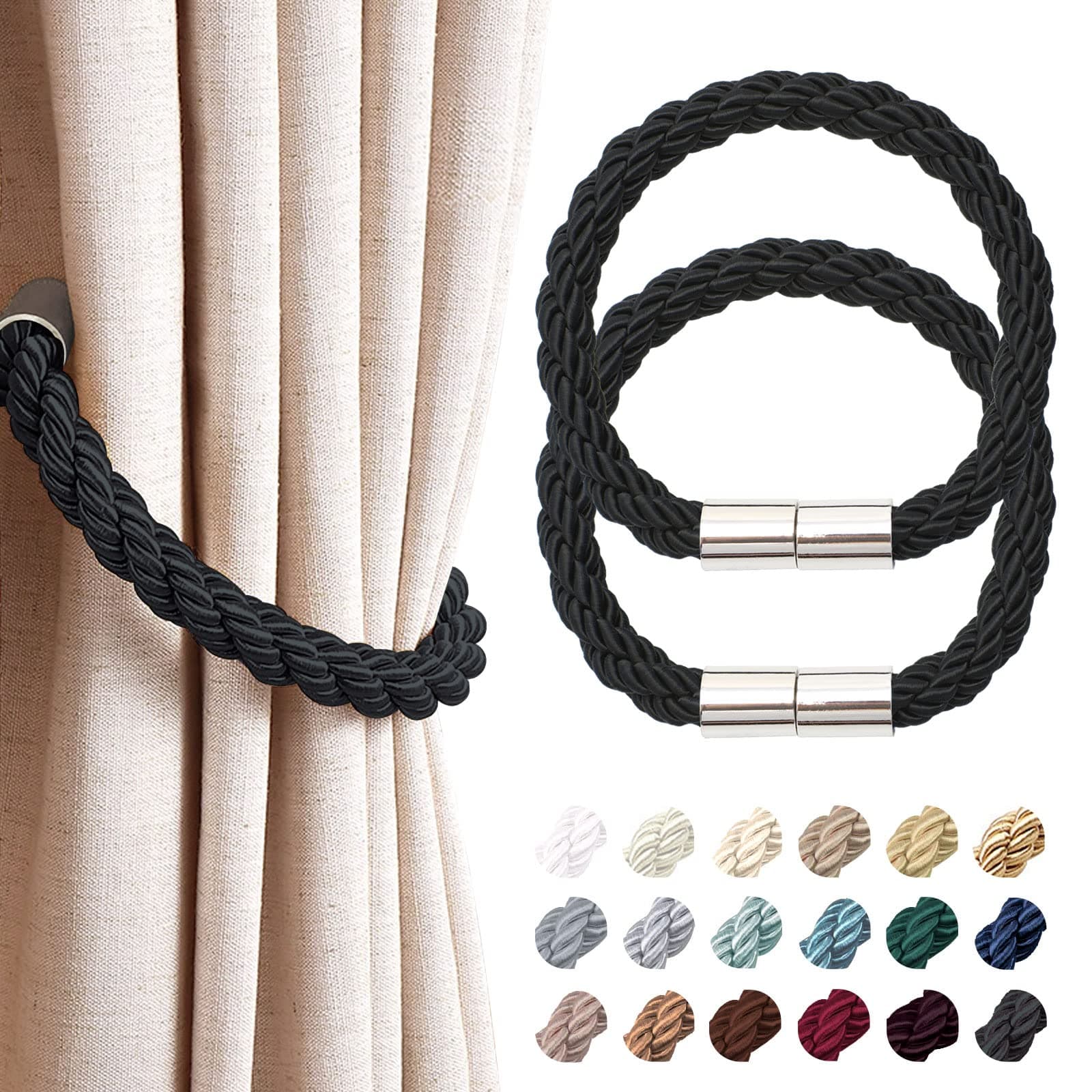 NICEEC 2 Pack Strong Magnetic Curtain Tiebacks Modern Simple Style Drape Tie Backs Convenient Decorative Weave Rope Curtain Holdbacks for Thin or Thick Home & Office Window Draperies (Black)