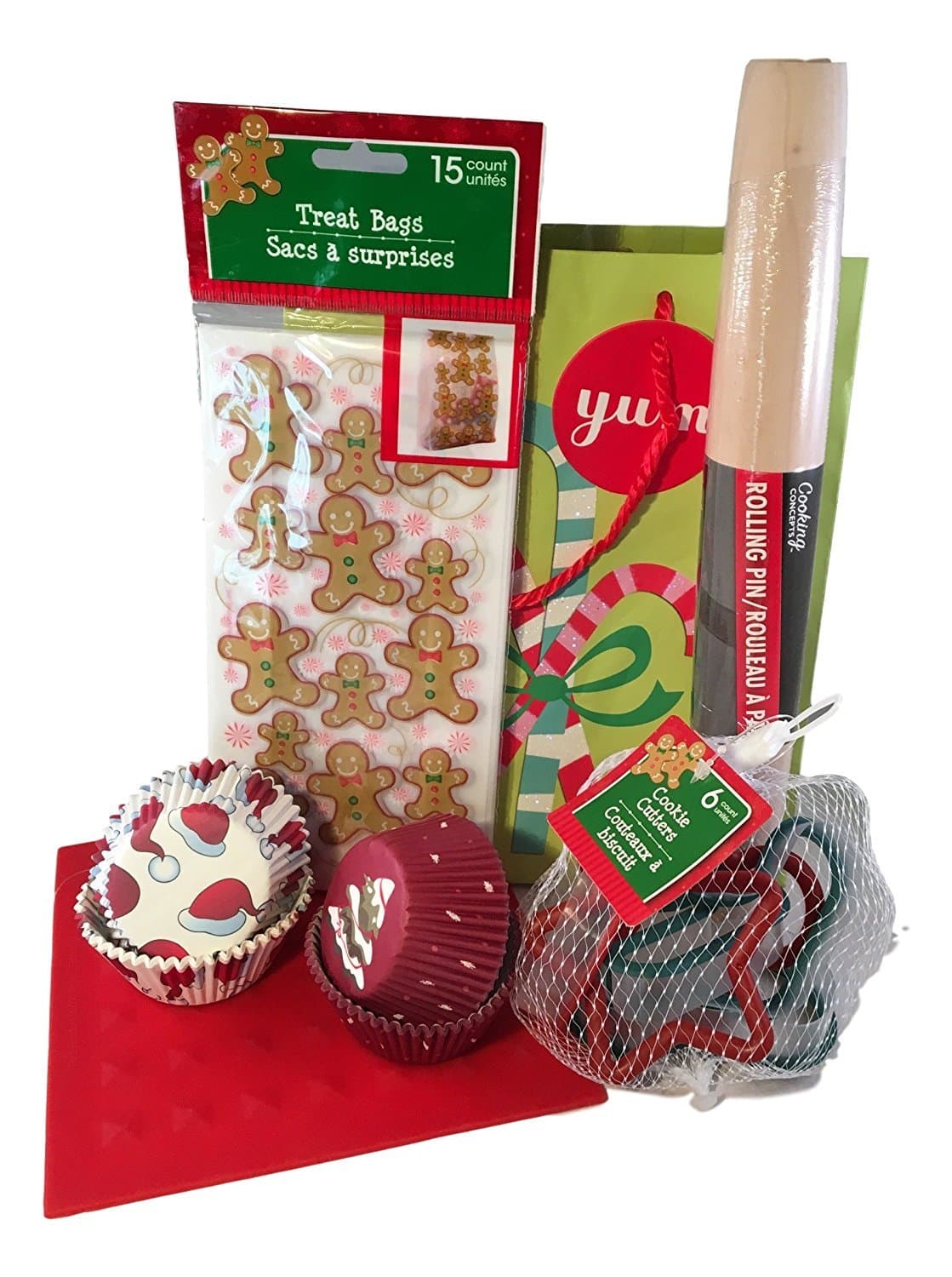 Baking Tools Holiday Gift Bundle with French Rolling Pin, Christmas Cookie Cutters, Cupcake Liners, Silicone Pot Holder, Treat Bags, and Gift Bag