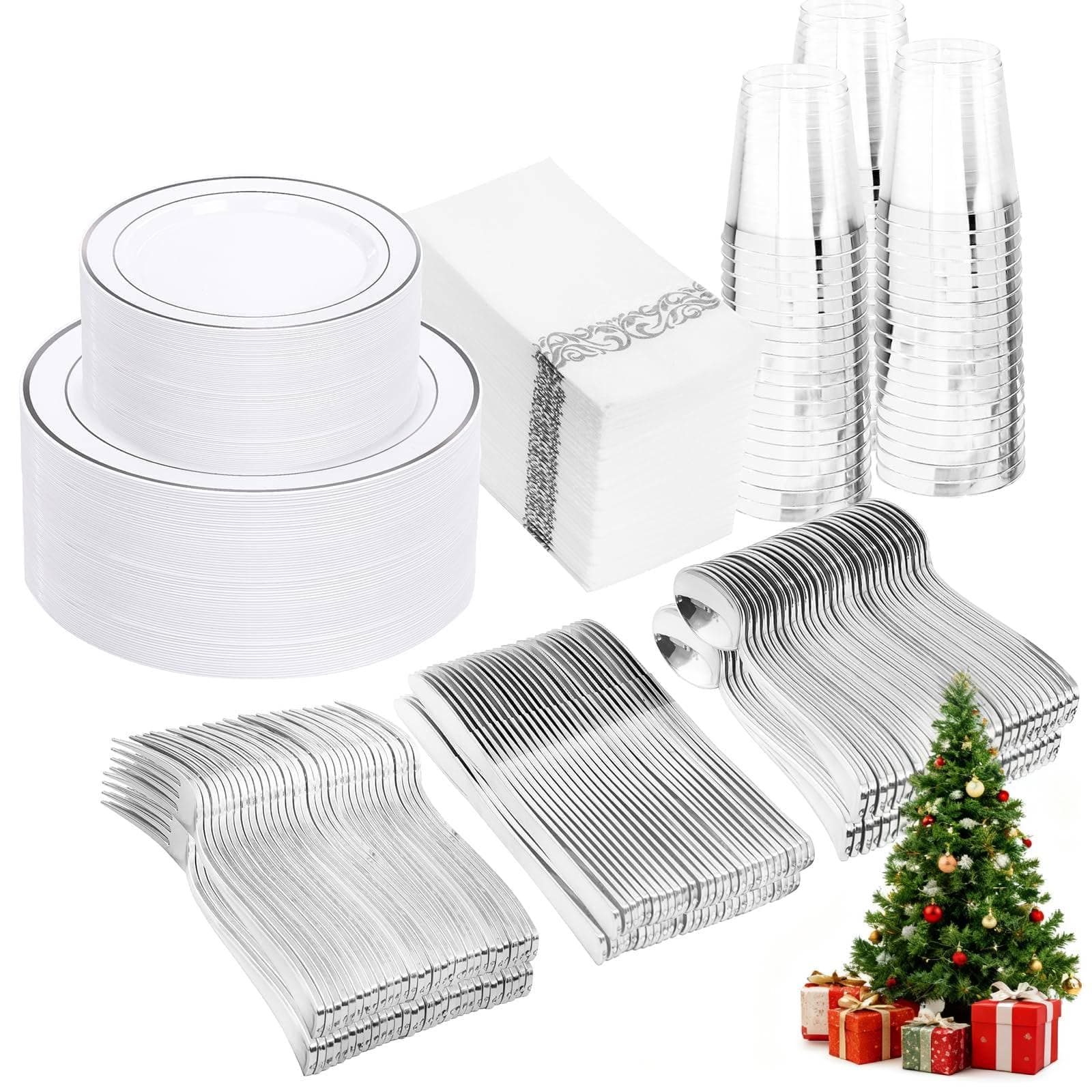 350 Pcs Silver Plastic Plates - Silver Dinnerware Set of 50 Dinner Plates 50 Dessert Plate 50 Silverware 50 Napkins 50 Cups for Christmas Party&Wedding