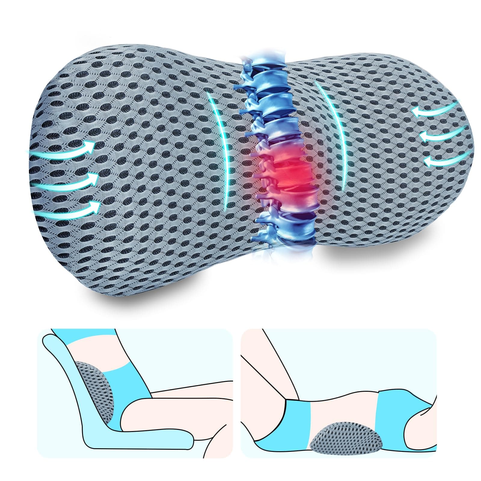 Lumbar Support Pillow, Memory Foam Back Support Pillow for Office Chair, Car Seat, Gaming Chair, Recliner and Bed, Neo Cushion for Low Back Pain Relief (Mesh, Gray)