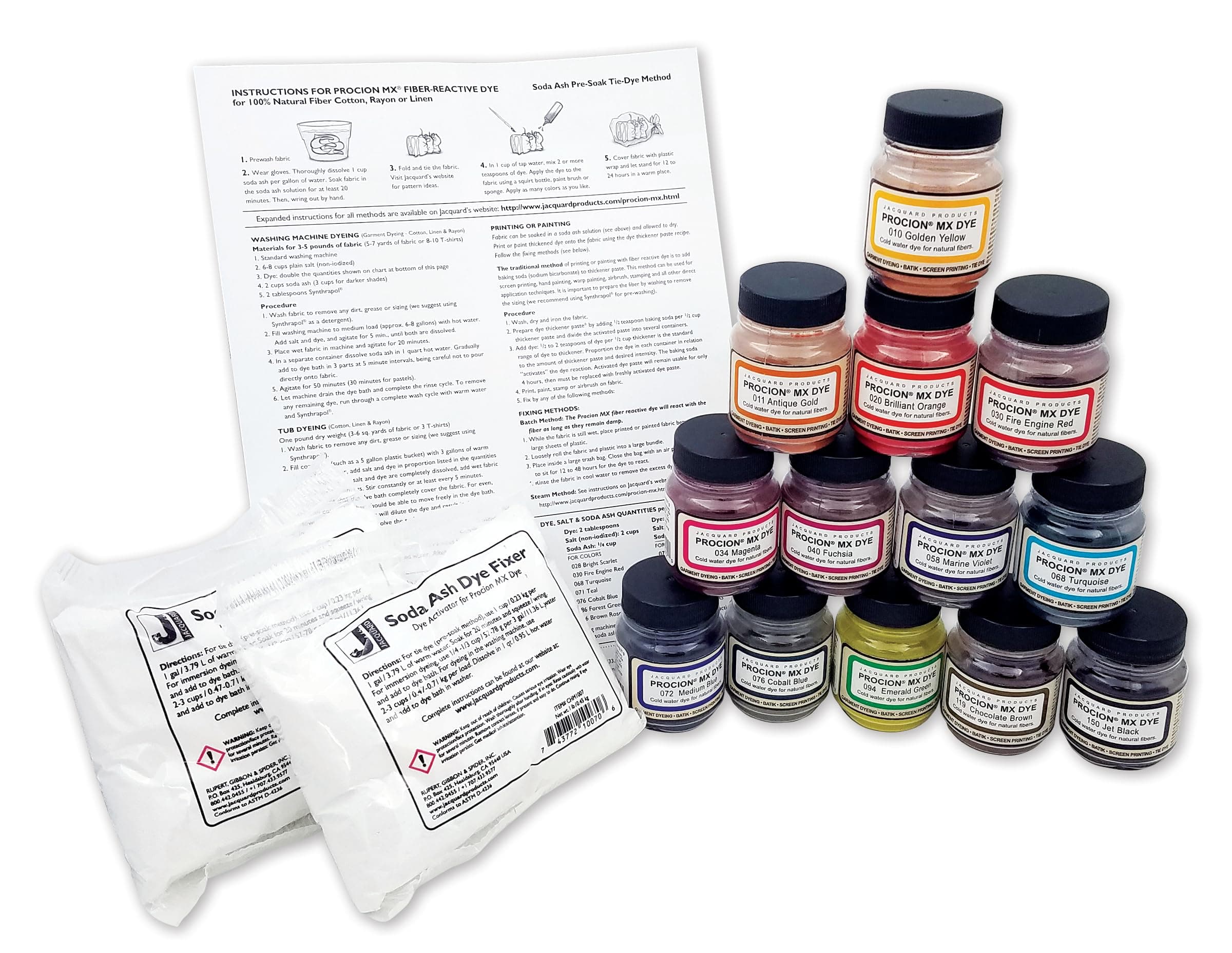 Procion MX Dye Color Set, Includes 13-2/3 Ounce Jars, 2-1lb Soda Ash Dye Fixer, Instruction Sheet, Color Chart