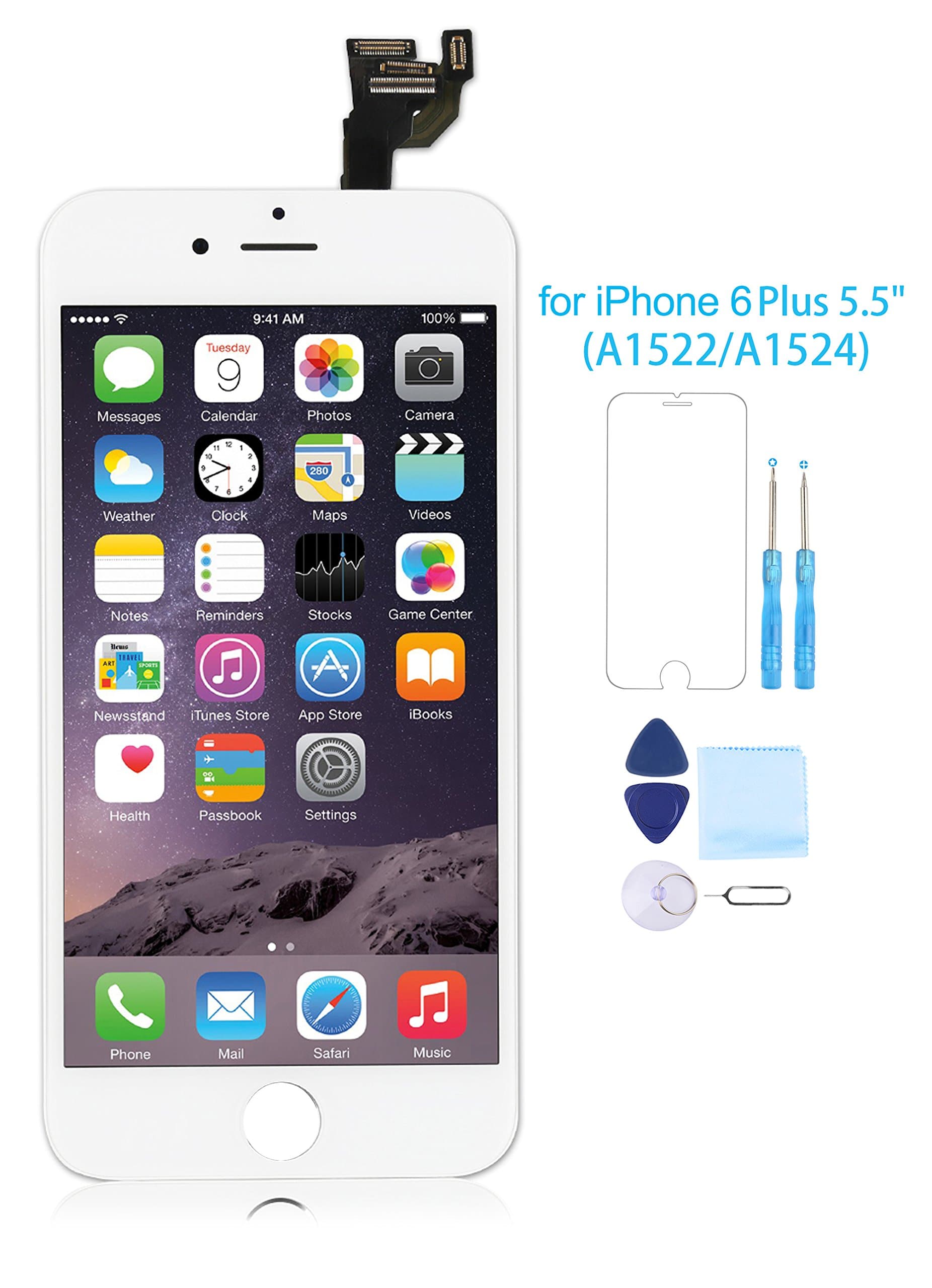 Full Assembly for iPhone 6 Plus Screen Replacement LCD Touch Digitizer Display with Front Camera Facing Proximity Sensor+ Ear Speaker+ Repair Tools and Screen Protector White