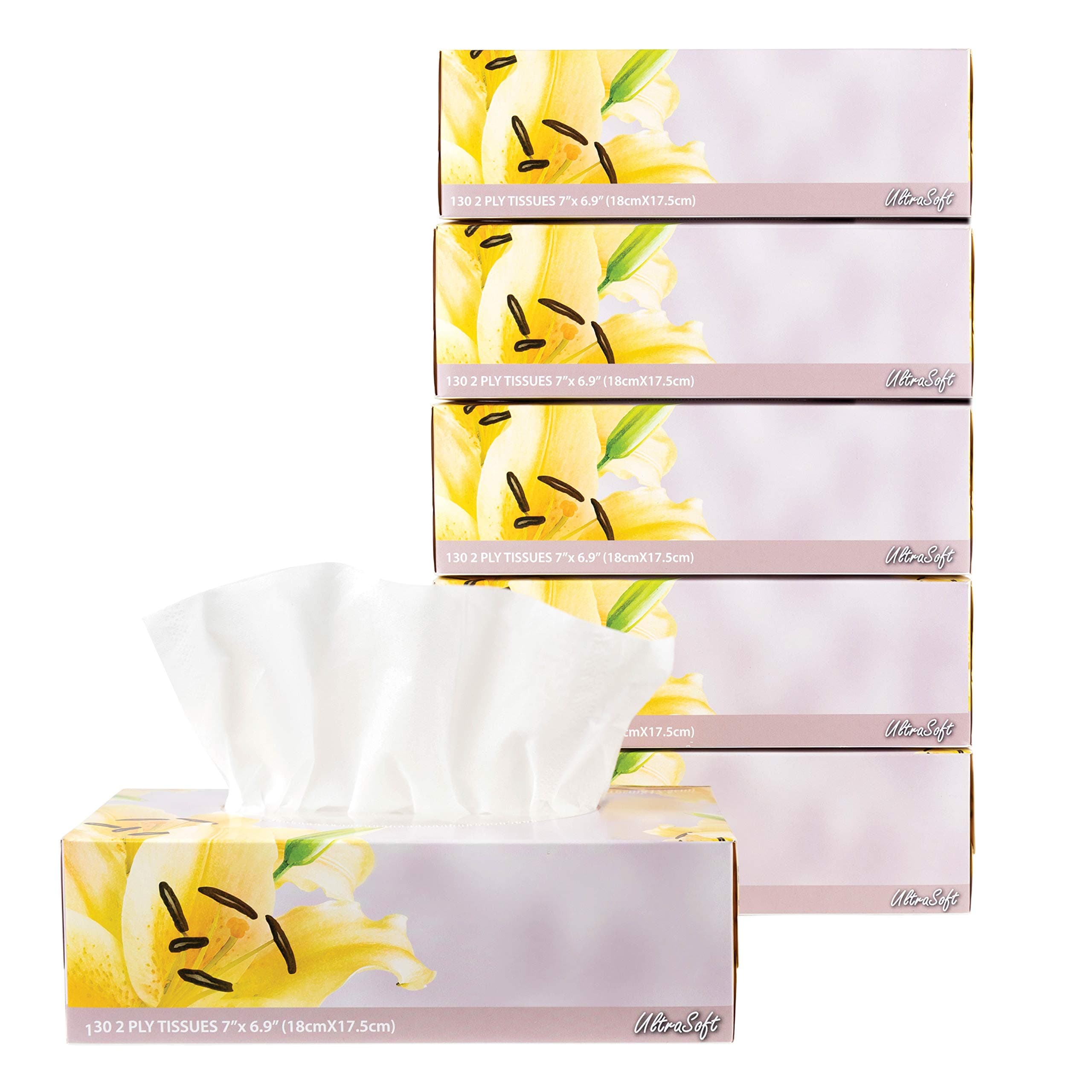 Plasticpro Facial Tissues 130 Per Box Size 7" X 6.9" 2 Ply, Great for Bathroom, Office, Store, School,Home, Kitchen, Or in Your Car & in Every Room (6 Facial Tissue boxes)