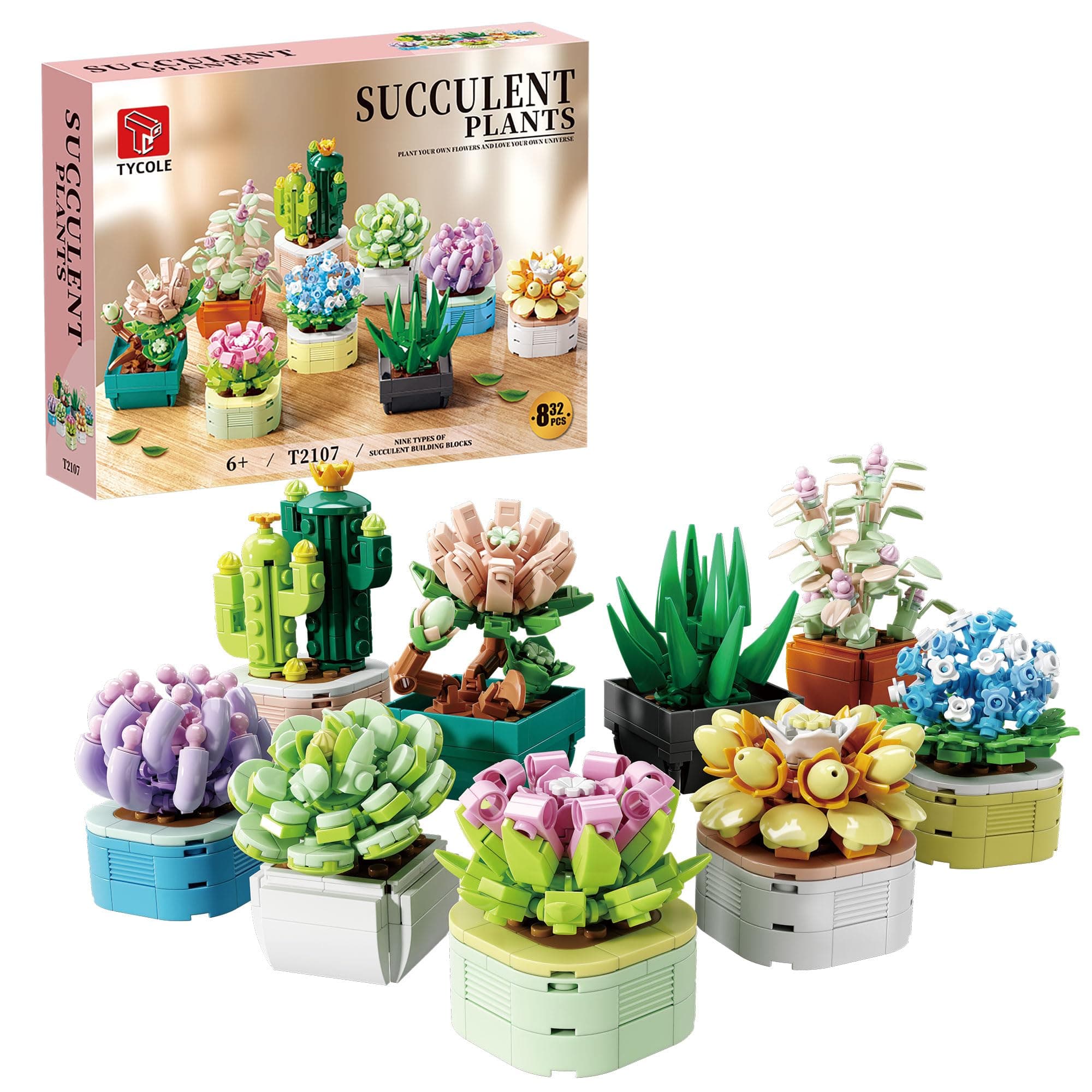 9 in 1 Tiny Flowers Succulents Artificial Plant Set-Creative Botanical Building Block Toy, Botanical Collection for Office&Home Decor, Birthday Gift for Adults and Kids 8-12(832 PCS)