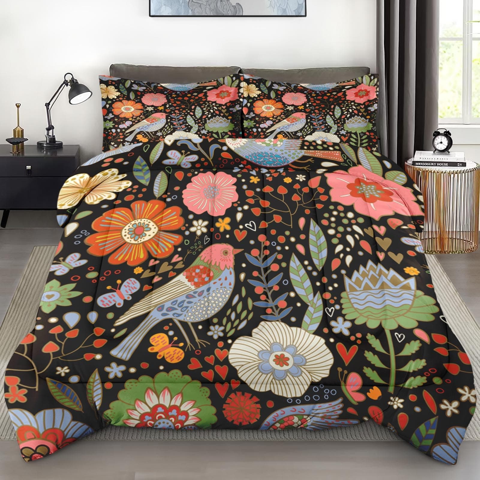 Comforter Set Full Size, Floral Bird Soft 3 Pcs Bedding for Kids and Adults, Chinese Flower Vintage Comforter Set with 2 Pillowcases, for Bedroom Bed Decor