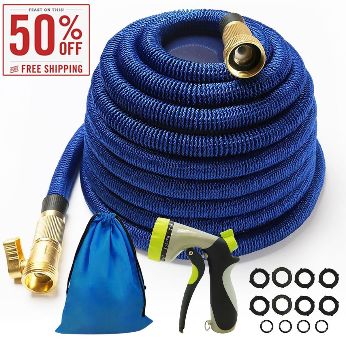 Iserlohn 50ft Expandable Garden Hose with 8 Pattern Spray Nozzle and 12 Pack Washer, Water Hose with Triple Layer Latex Core, Solid Brass Connector, Blue