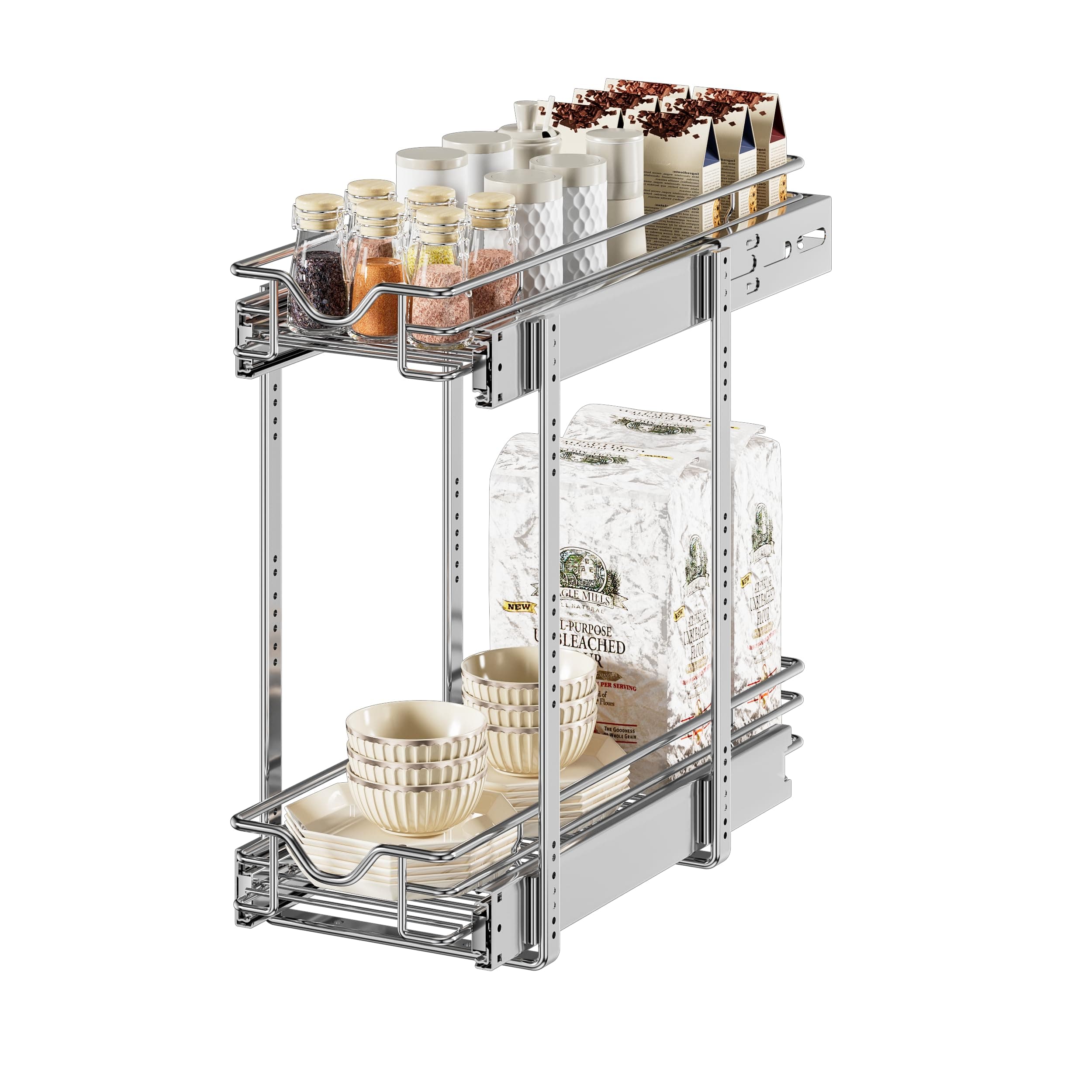 DINDON Pull Out Cabinet Organizer (7-1/2" W x 21-1/2"D), Cabinet Pull Out Shelves, 2 Tier Pull Out Drawers for Kitchen Cabinets, Wire Basket Slide Out Shelf for Cabinet Organization