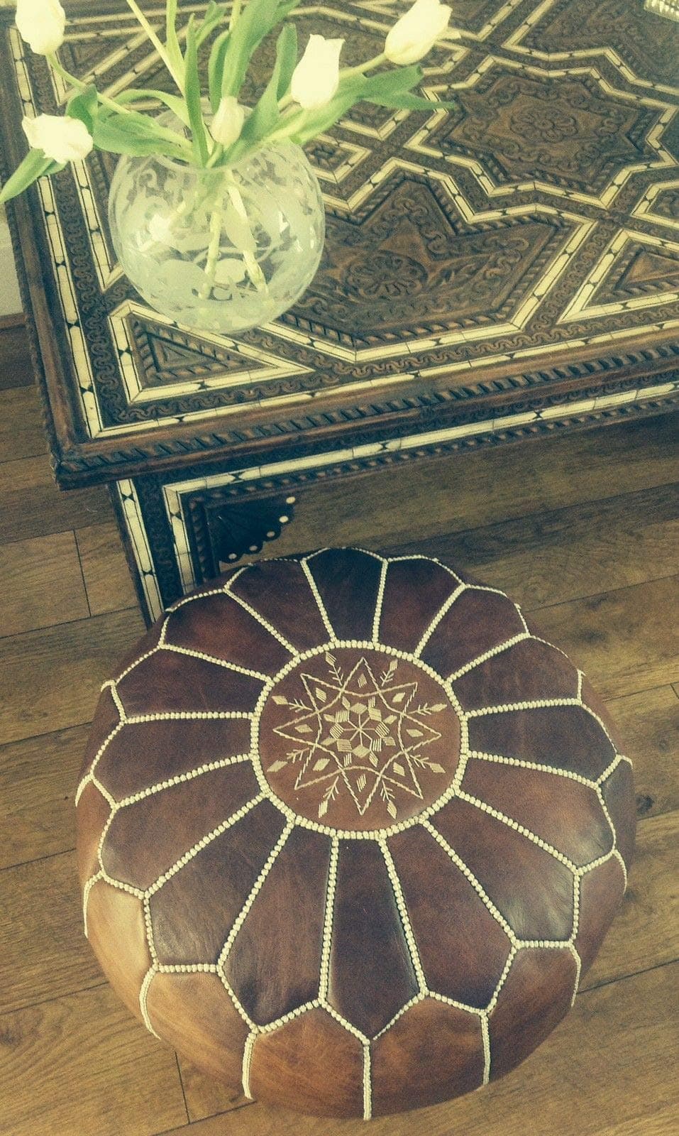 Leather Pouffes Moroccan (filled) - Natural Tan