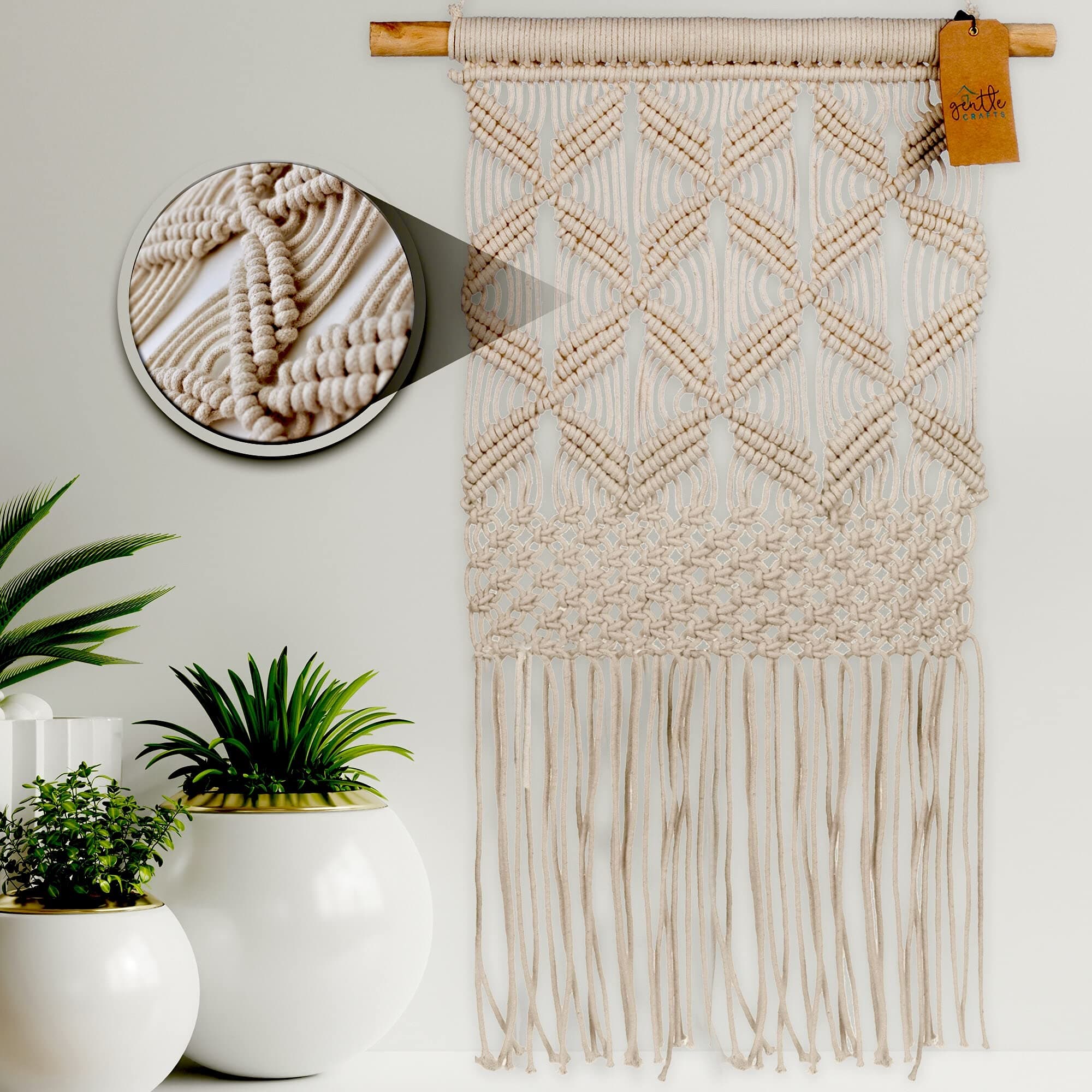 Gentle Crafts BoHo Macrame Hanging Wall Decor: Decorative Wall Art Cotton Rope Cord Woven Tapestry Home Decorations for the Living Room Kitchen Bedroom or Apartment