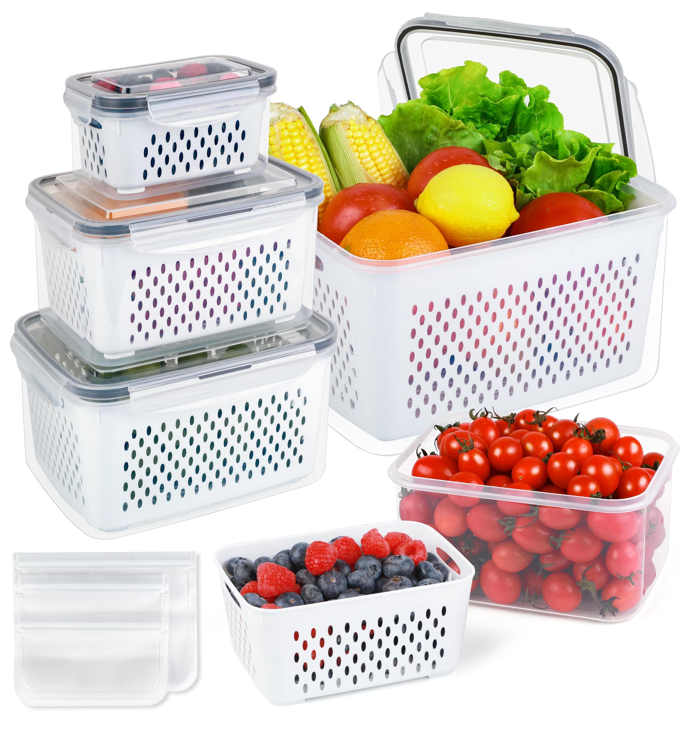 5 PCS Fruit Storage Containers for Fridge - Fruit Containers for Refrigerator with Removable Colander - Airtight Food Storage Container Keep Produce Vegetables Berry Fresh Longer