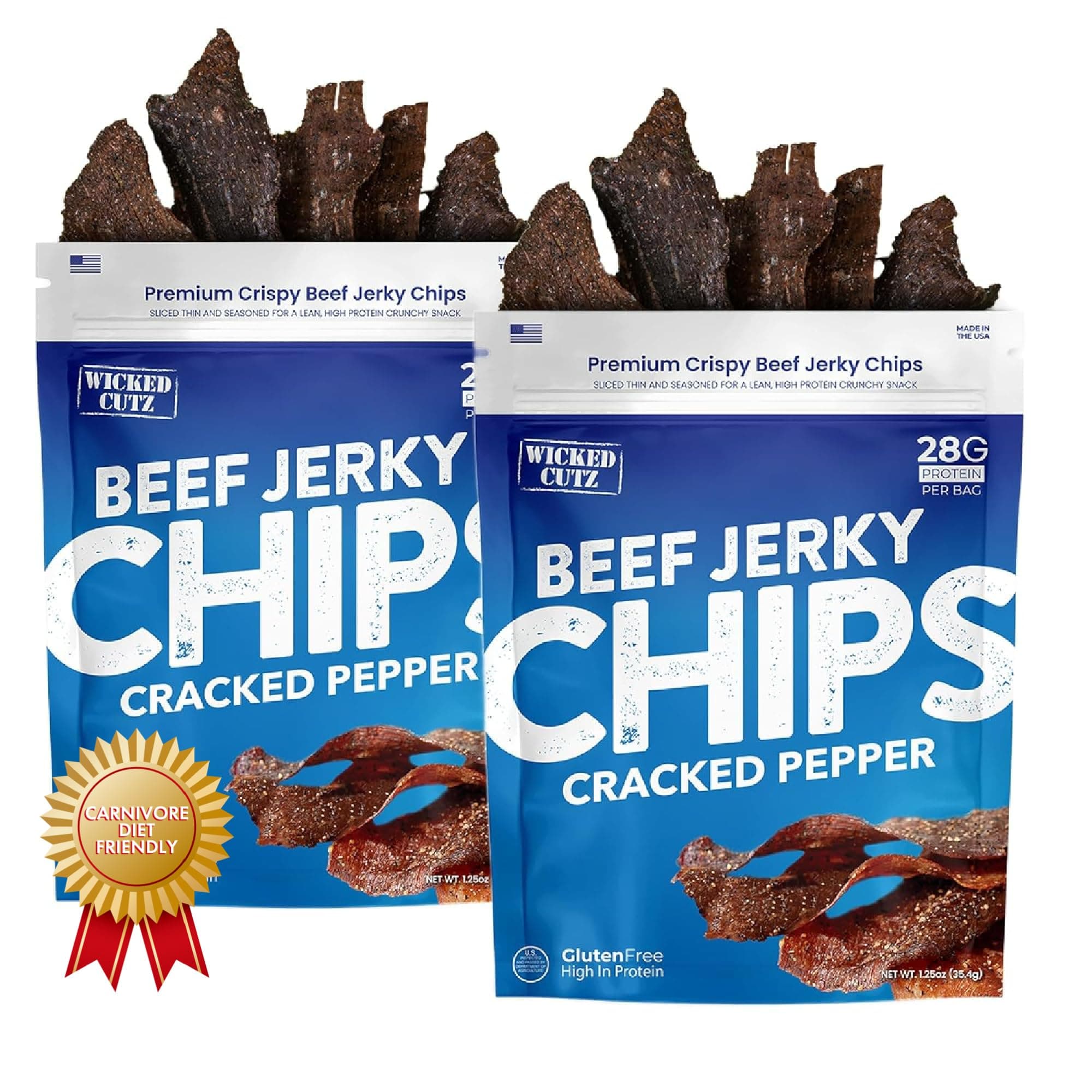 Wicked Cutz Cracked Pepper Beef Jerky Chips, 28g Protein per Bag, Crispy & Crunchy Beef Jerky Crisps, USA Made Pepper Flavored Chips, High Protein Carnivore Snacks (2 Bags)