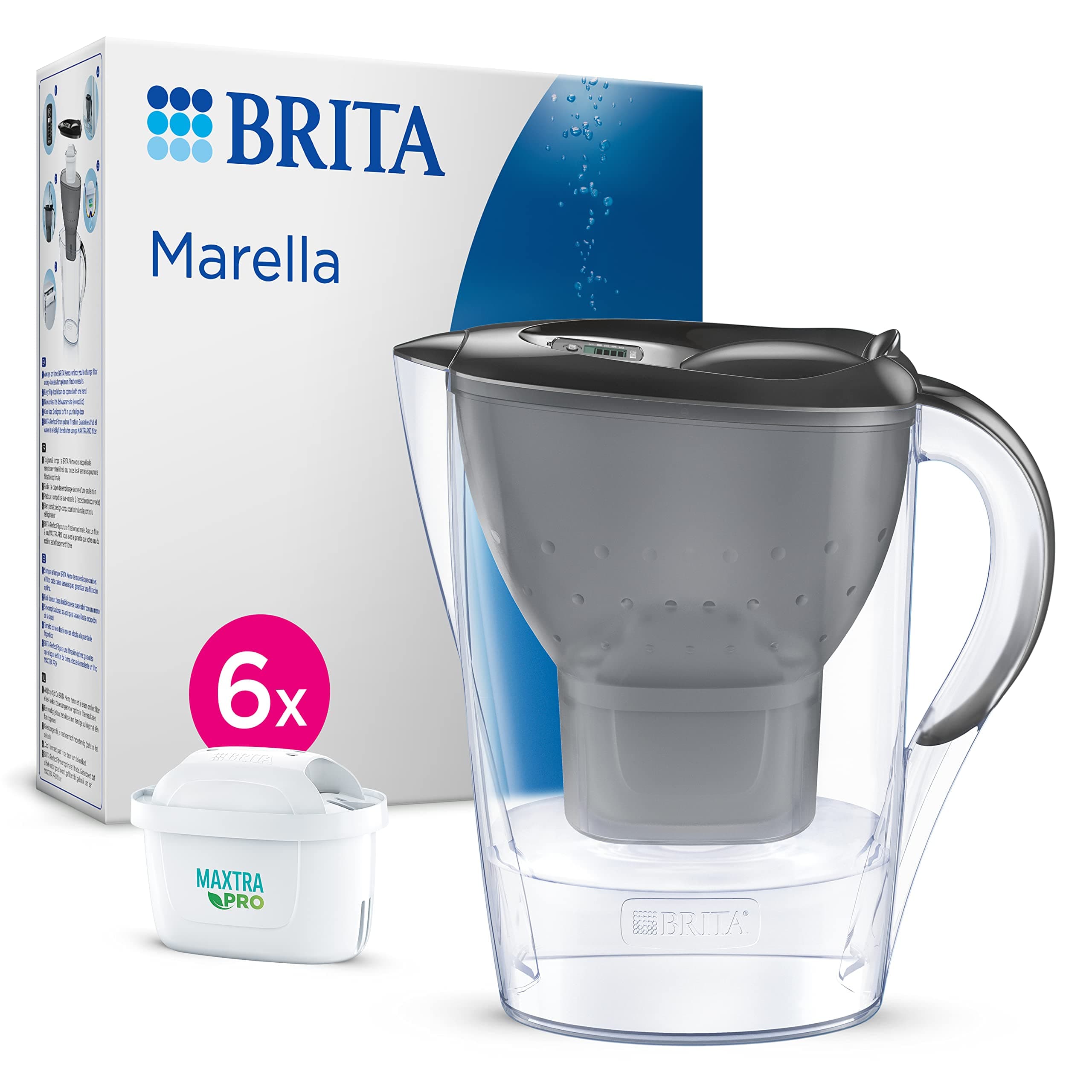 Marella Water Filter Jug Graphite (2.4L) Half Year Pack incl. 6x MAXTRA PRO Pure Performance cartridge - fridge-fitting jug with digital LTI and Flip-Lid - now in sustainable Smart Box packaging