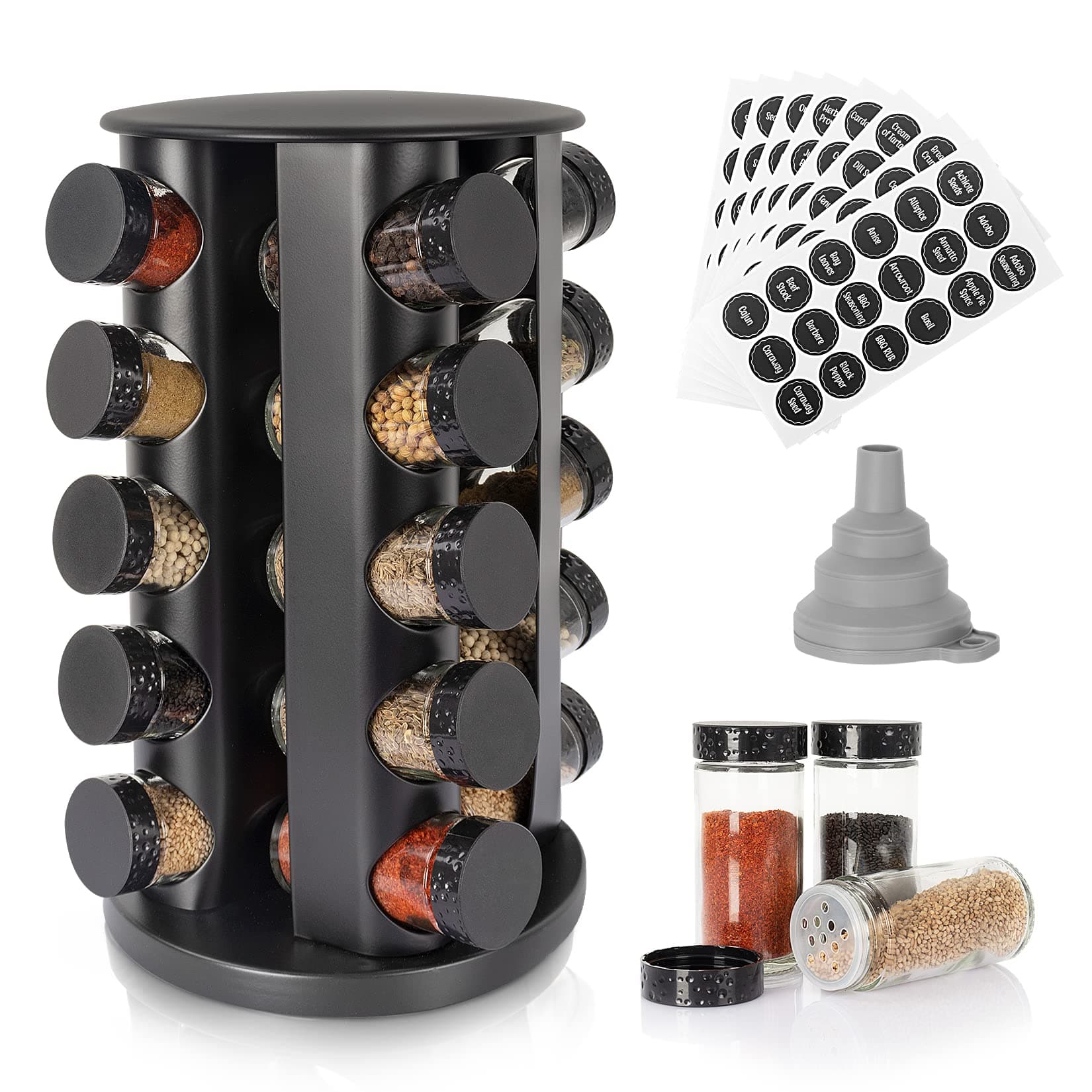 Tianifa Black Countertop Rotating Spice Rack, Round Empty 20-Jars Revolving Spice Rack Organizer, 135 Spice Labels with Funnel Complete Set, for Kitchen Countertop, Cabinet
