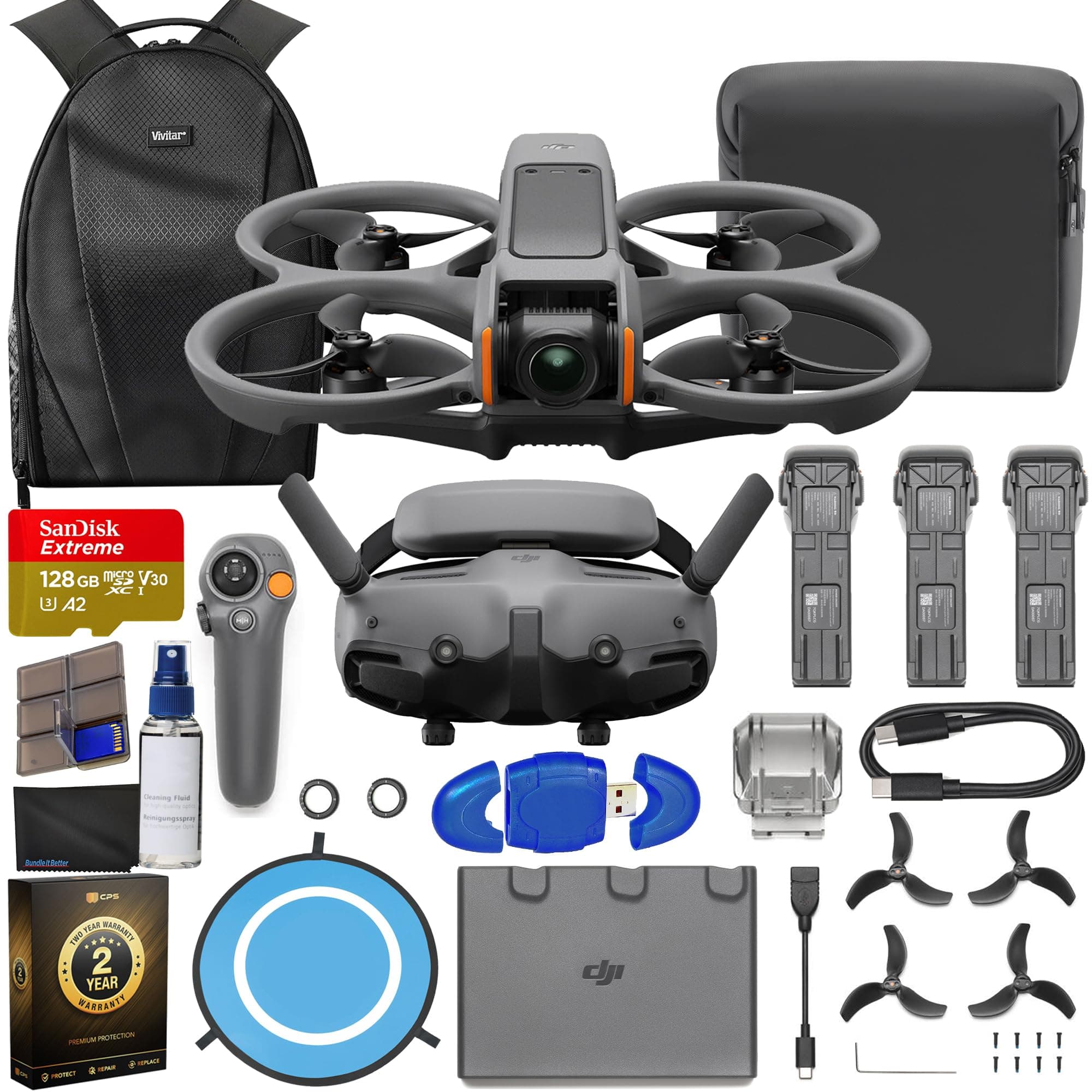 Avata 2 FPV Drone with 3-Battery Fly More Combo, 4K Video, 128GB Memory, Landing Pad, 2 Year Warranty, Gray, Beginner to Advanced