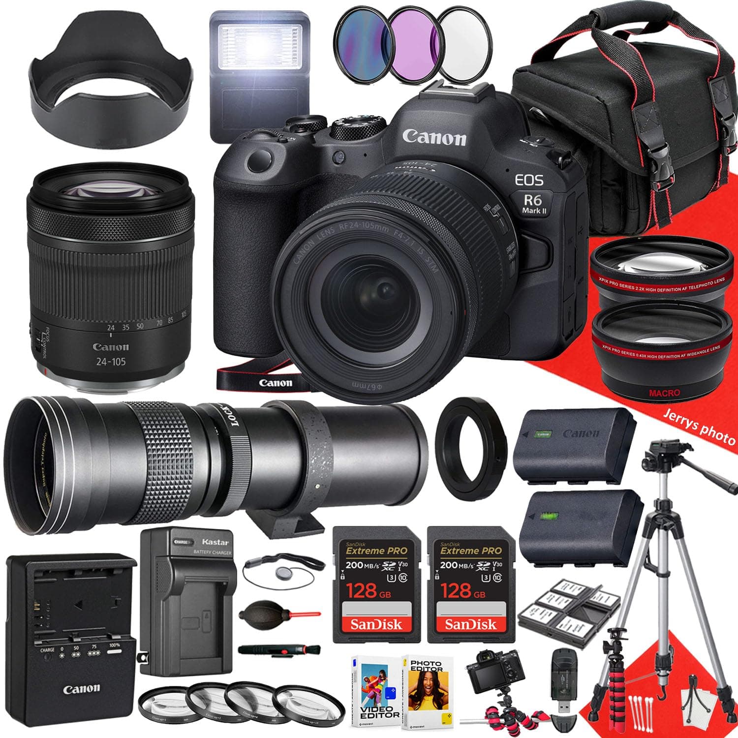Canon EOS R6 Mark II Mirrorless Camera with 24-105mm f/4-7.1 is STM and 420-800mm Lens + 128GB and 64GB Memory + Hood + Monopod + Filters + Tripod + More (32pc Bundle), Black (Renewed)