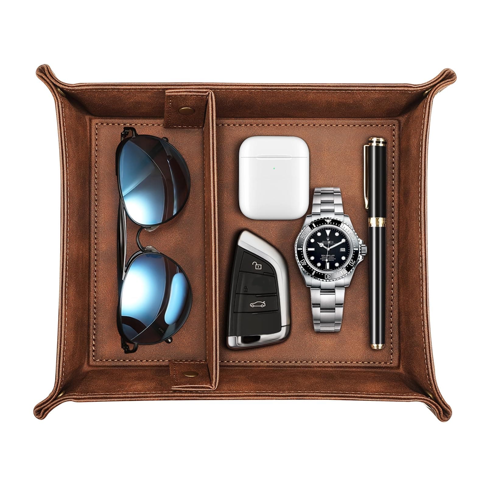 SITHON Valet Tray Desktop Storage Organizer, Removable 2 Compartments Catchall Tray Bedside Vanity Nightstand Caddy Holder Desk Storage Plate, Valentine's Day Gift, Brown